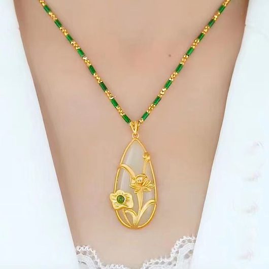 Teardrop Golden Floral Design Metal Necklace