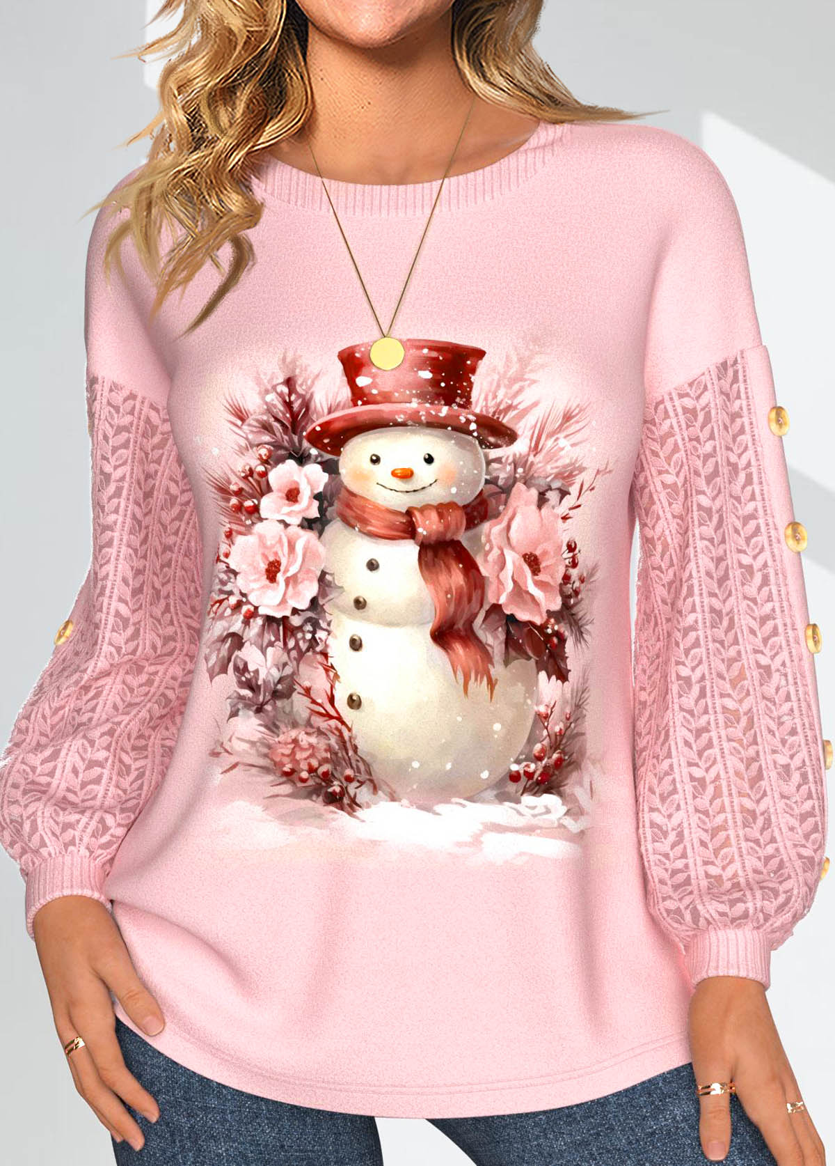ROTITA Christmas Lace Snowman Print Round Neck Long Sleeve Sweatshirt