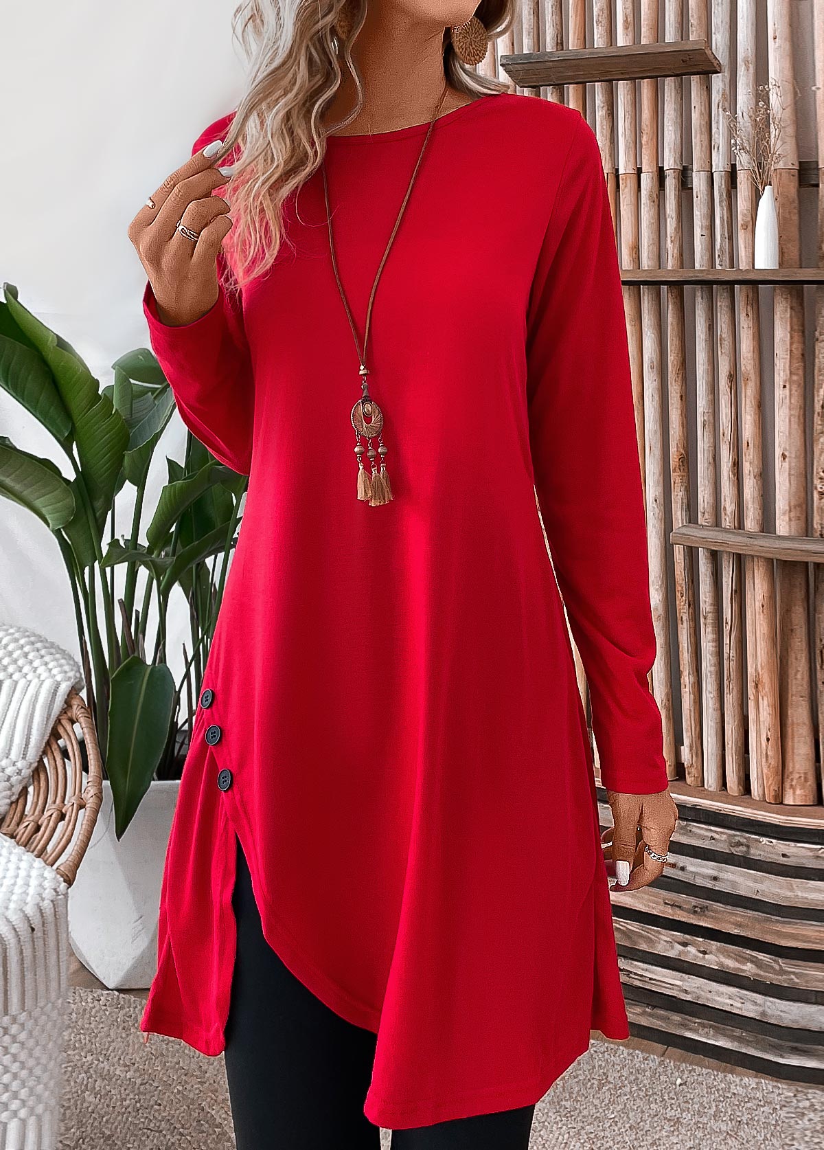 Button Red Short Round Neck Long Sleeve Shift Dress