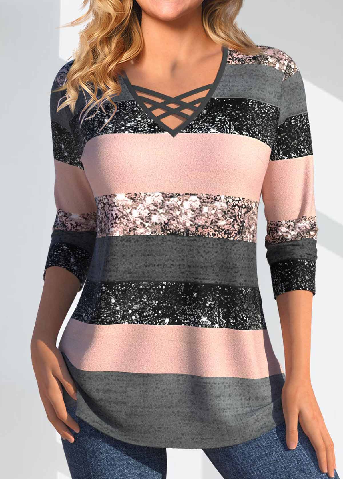 Multi Color tops,Striped tops,Geometric tops,ROTITA Criss Cross Multi Stripe Print V Neck T Shirt