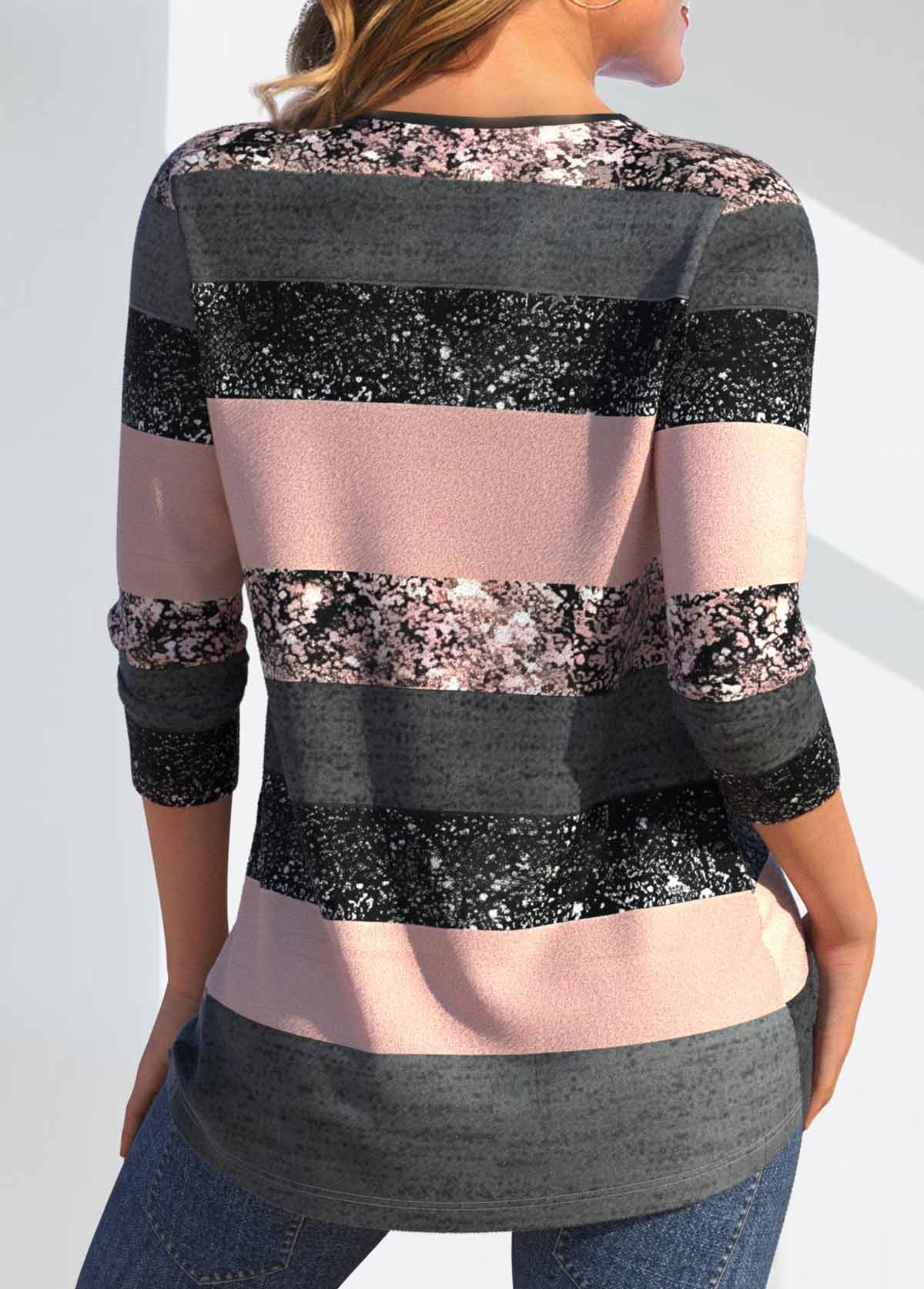 Multi Color tops,Striped tops,Geometric tops,ROTITA Criss Cross Multi Stripe Print V Neck T Shirt