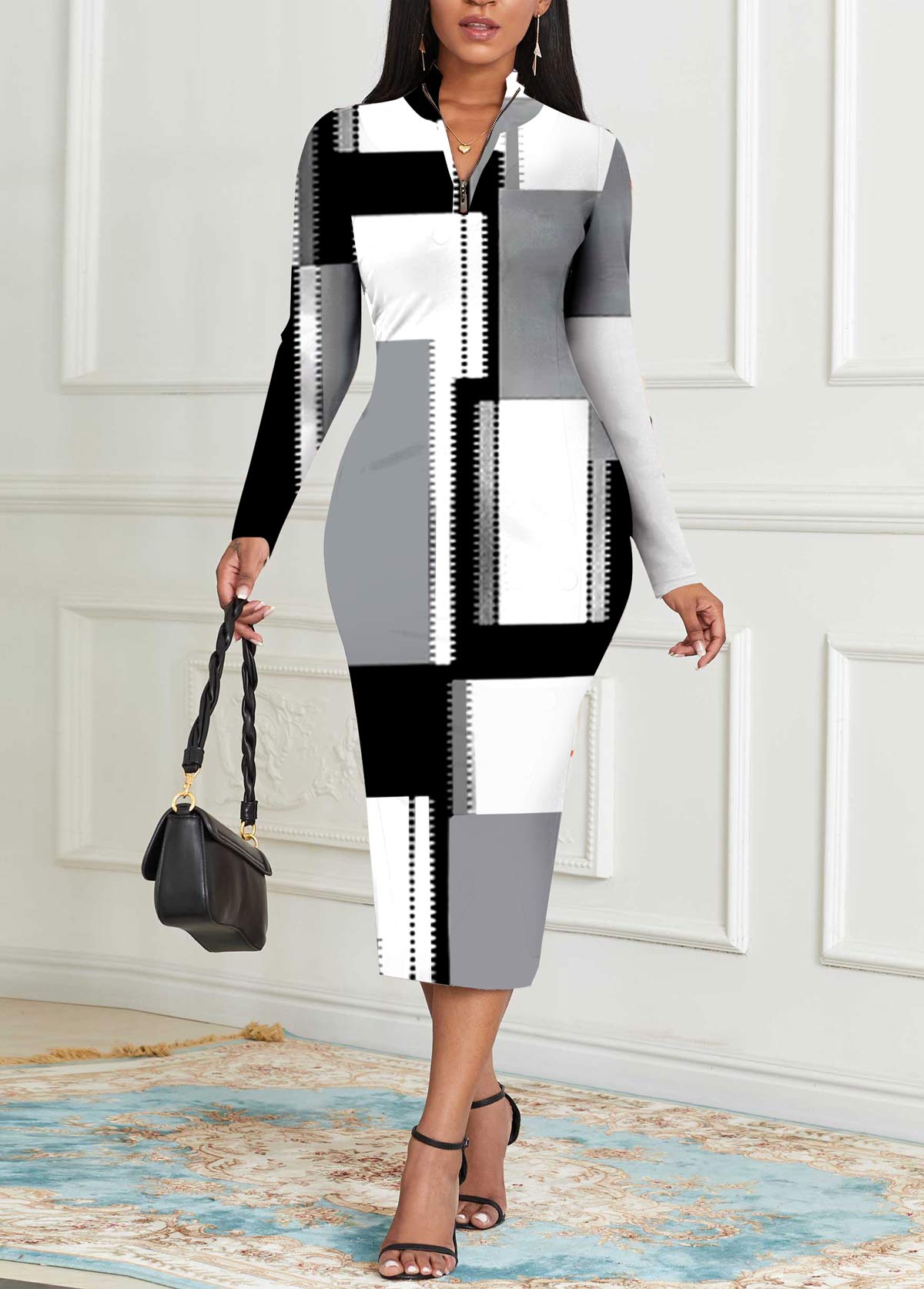 ROTITA Zipper Geometric Print Grey Stand Collar Bodycon Dress