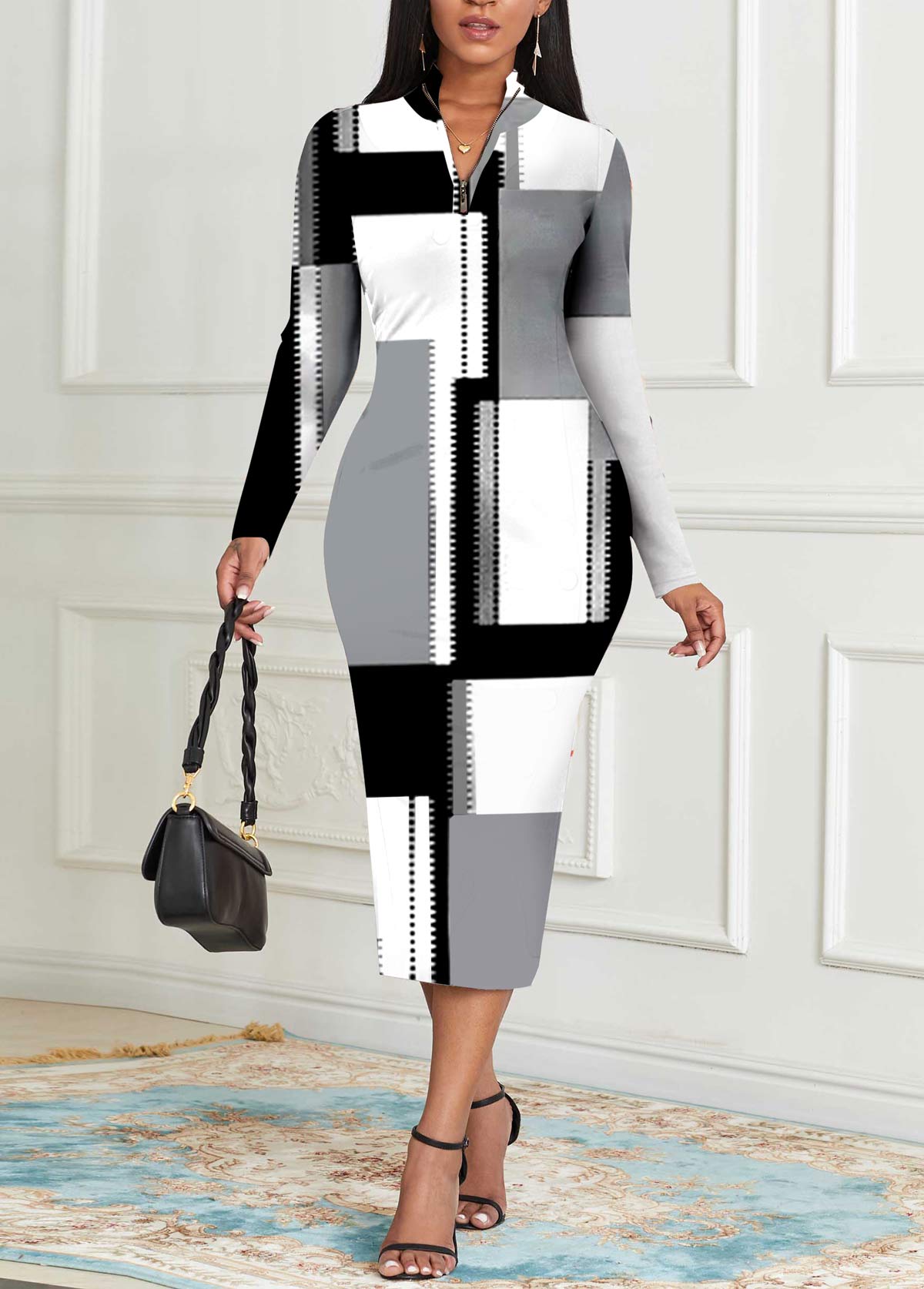 Grey dresses,White dresses,Geometric dresses,Striped dresses,Party dresses,Elegant dresses,ROTITA Zipper Geometric Print Grey Stand Collar Bodycon Dress