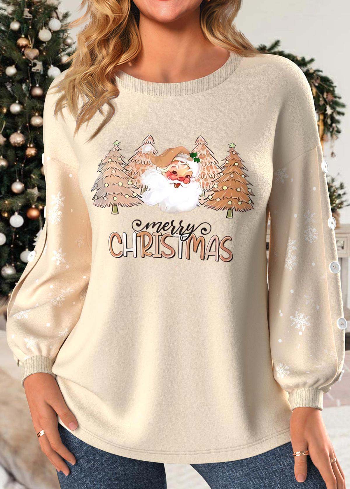 ROTITA Button Christmas Print Light Camel Round Neck Sweatshirt
