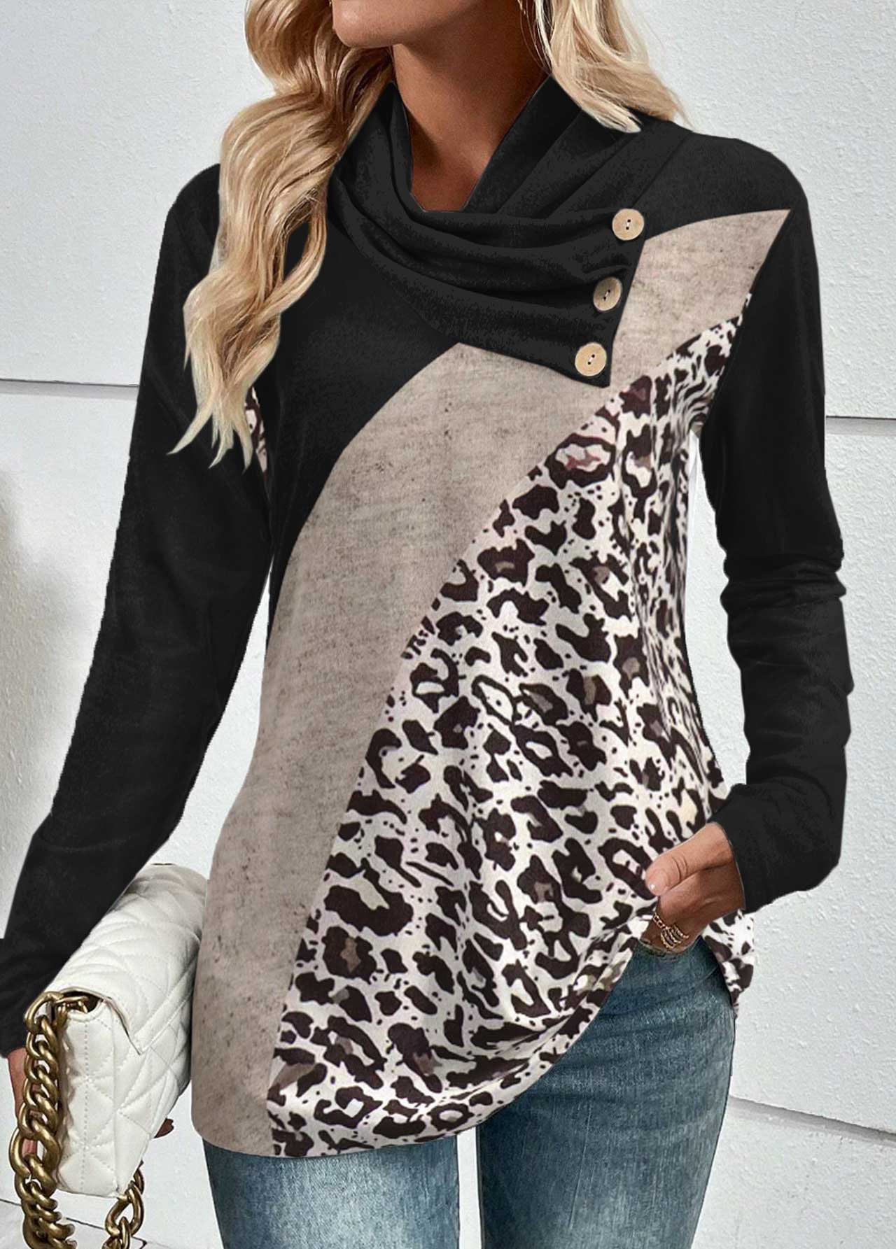 ROTITA Button Leopard Asymmetrical Neck Long Sleeve Sweatshirt