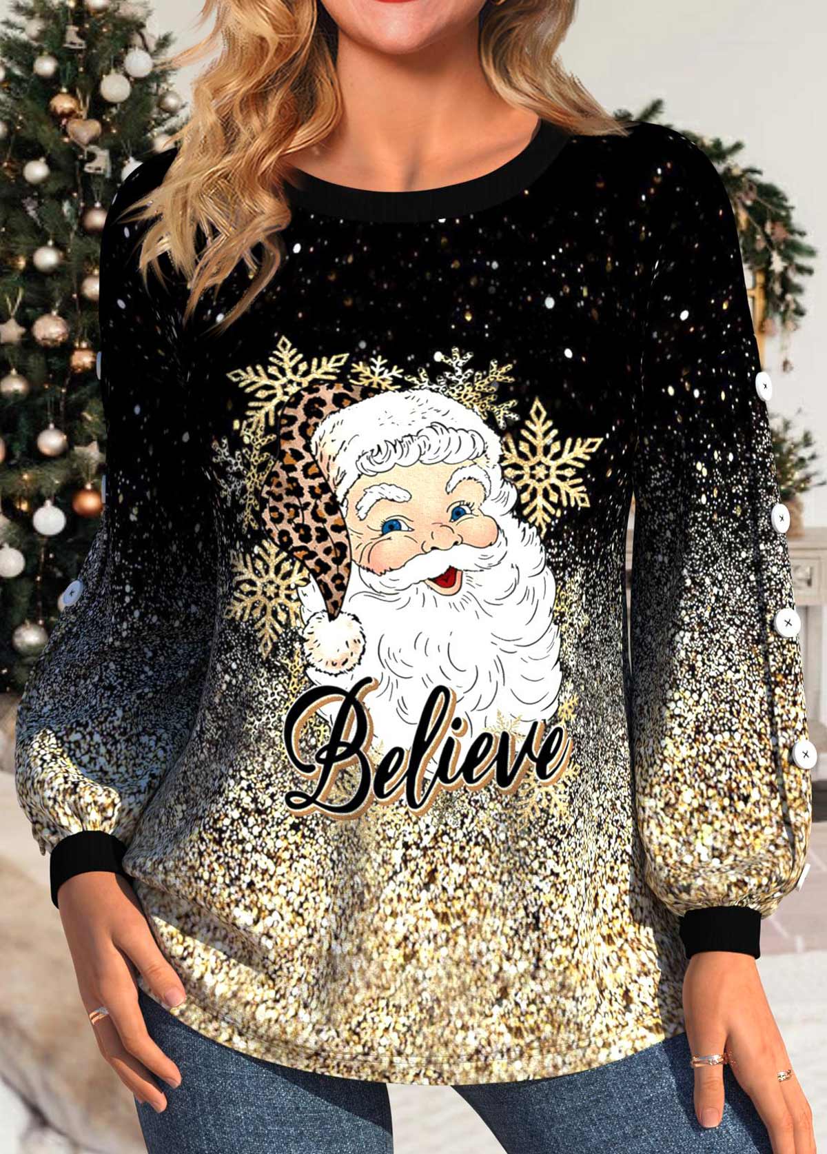 ROTITA Plus Size Button Golden Santa Claus Print Sweatshirt