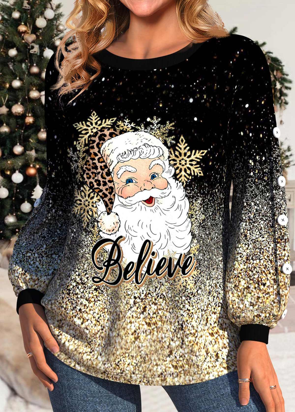 Golden plus size,Black plus size,Christmas plus size,Letter plus size,Leopard plus size,Ombre plus size,ROTITA Plus Size Button Golden Santa Claus Print Sweatshirt