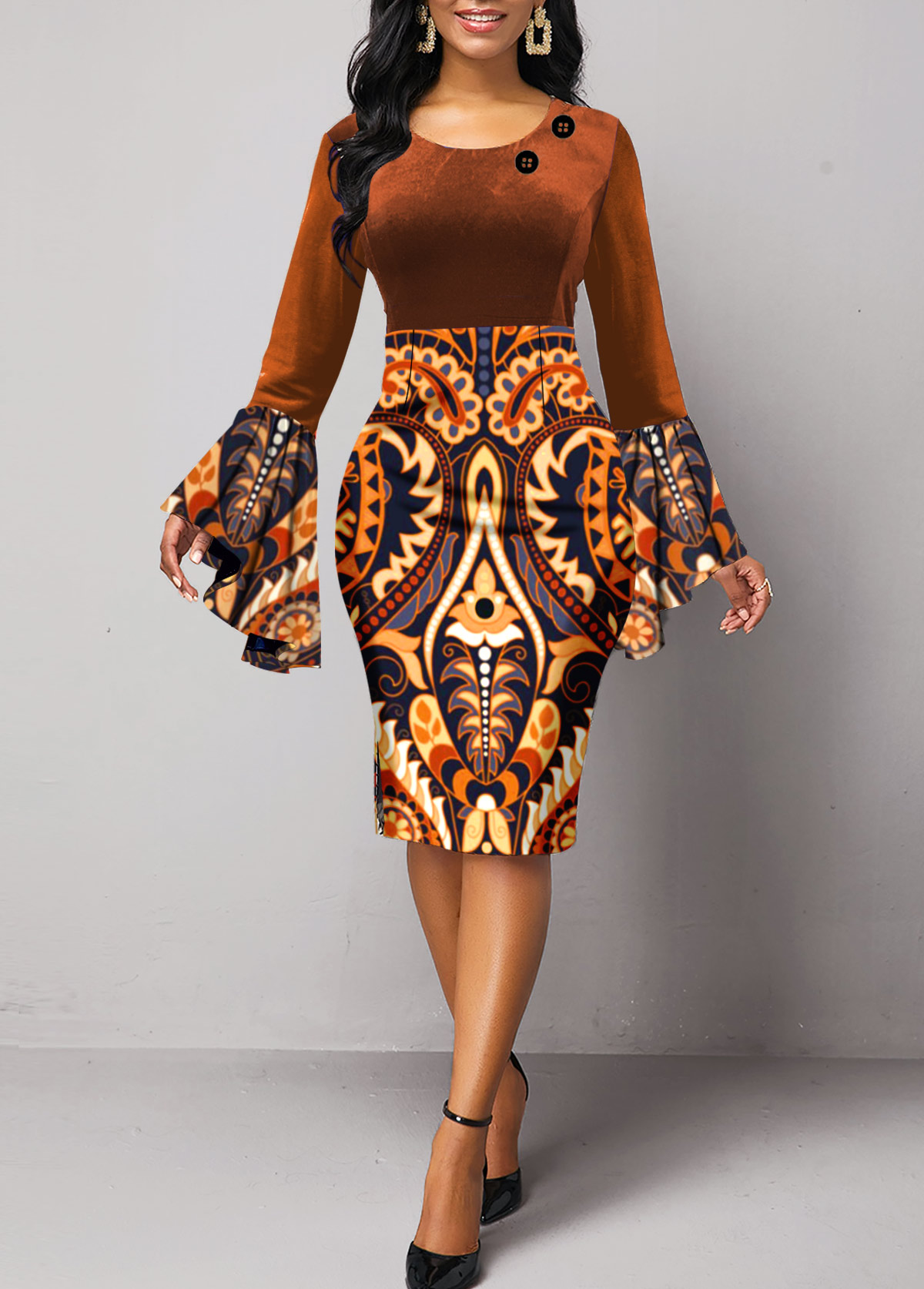 Dark Coffee dresses,Tribal dresses,Dot dresses,Geometric dresses,Party dresses,Elegant dresses,ROTITA Velvet Tribal Print Dark Coffee Round Neck Bodycon Dress