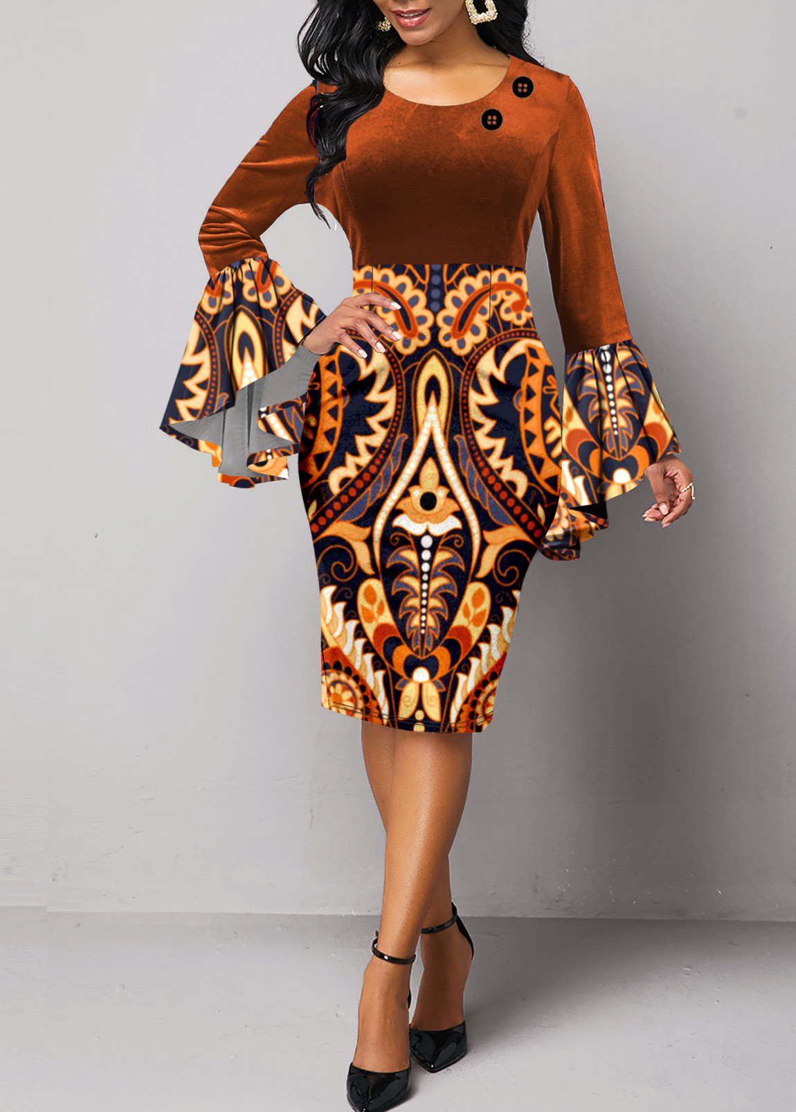 Dark Coffee dresses,Tribal dresses,Dot dresses,Geometric dresses,Party dresses,Elegant dresses,ROTITA Velvet Tribal Print Dark Coffee Round Neck Bodycon Dress