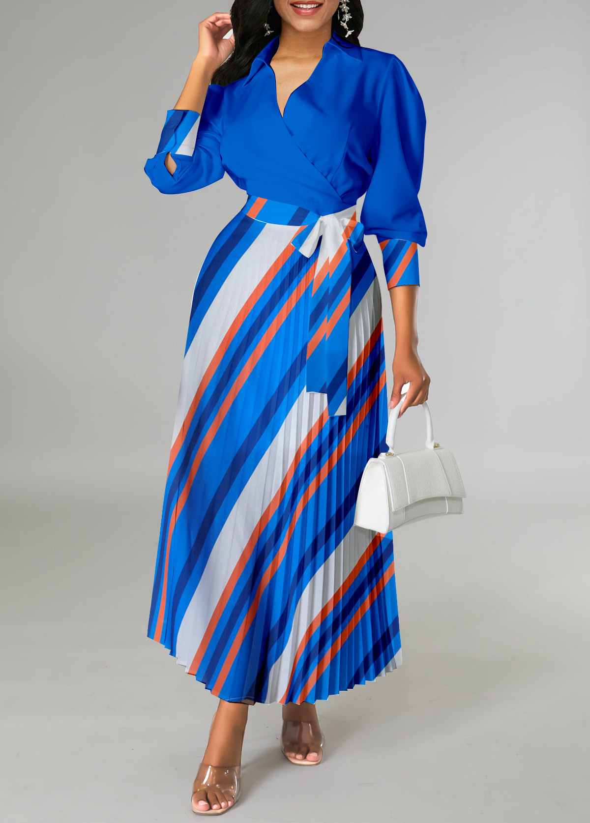 ROTITA Pleated Striped Royal Blue Belted Cross Collar Dress