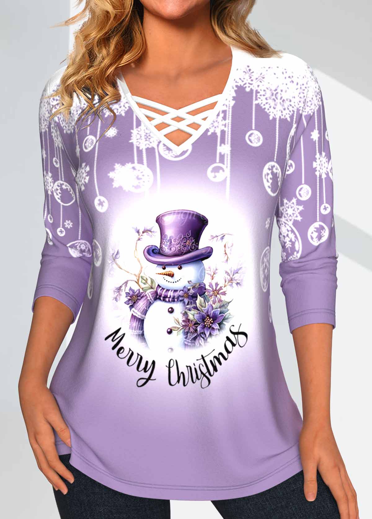 ROTITA Christmas Criss Cross Snowman Print Light Purple T Shirt
