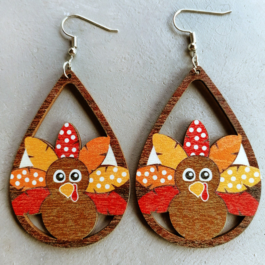 Dark Coffee Wooden Turkey Print Design Earrings