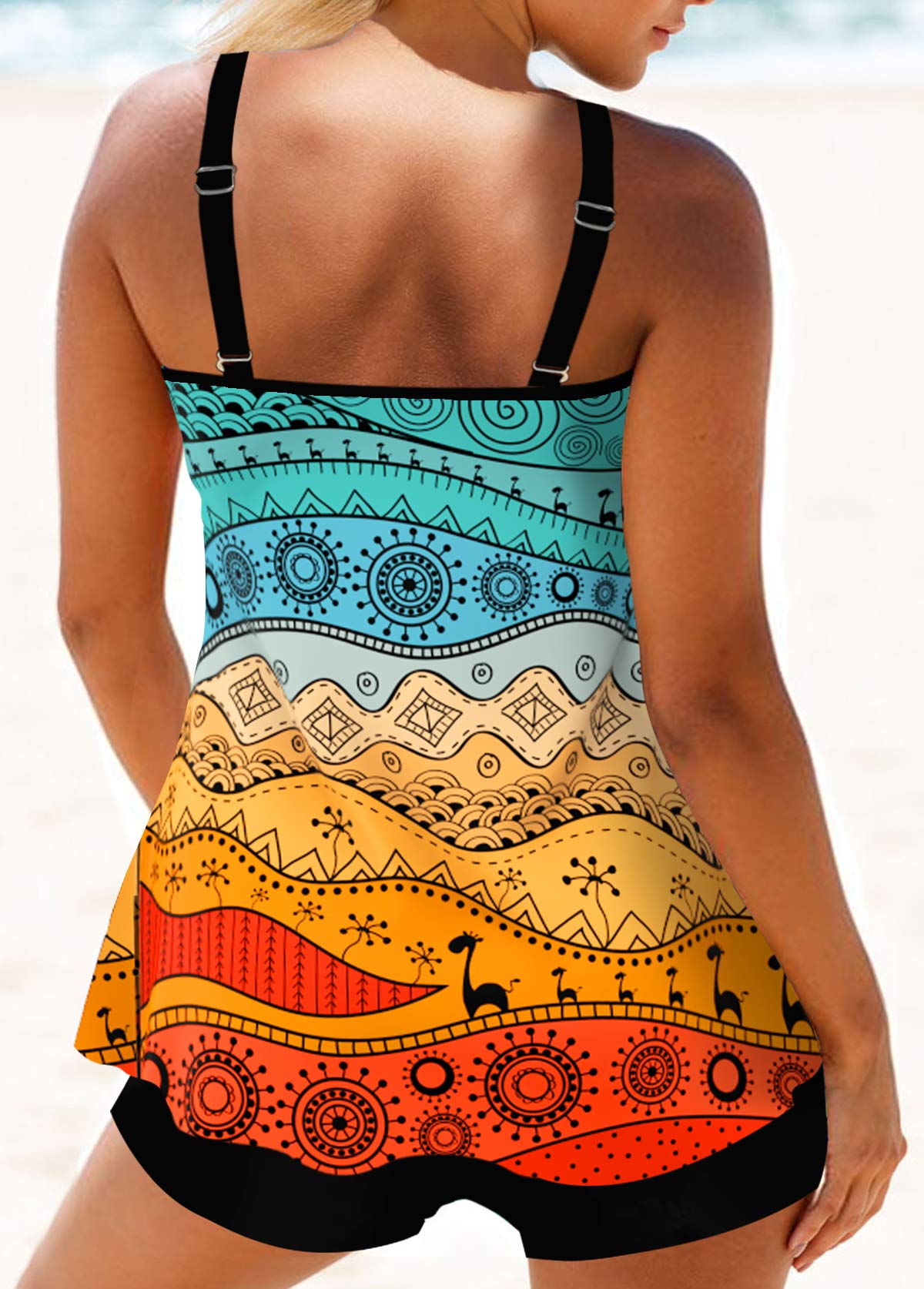 Multi Color swimwear,Tribal swimwear,Striped swimwear,Geometric swimwear,Dot swimwear,ROTITA Circular Ring Multi Color Tribal Print Tankini Set
