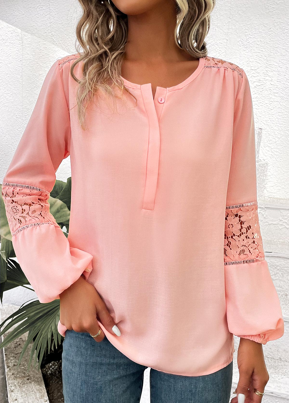 Patchwork Dusty Pink Round Neck Long Sleeve Blouse