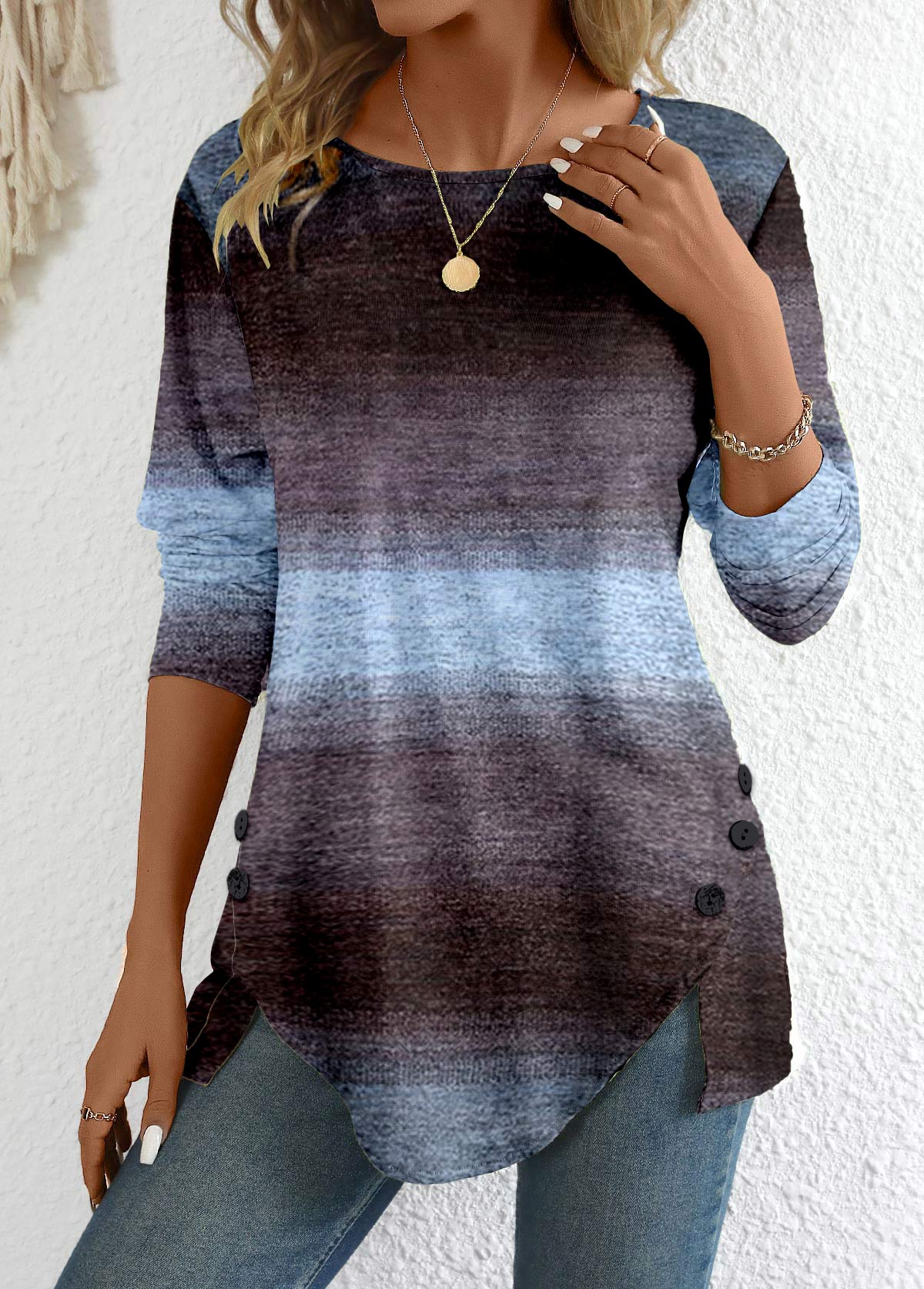 ROTITA Patchwork Ombre Round Neck Long Sleeve T Shirt