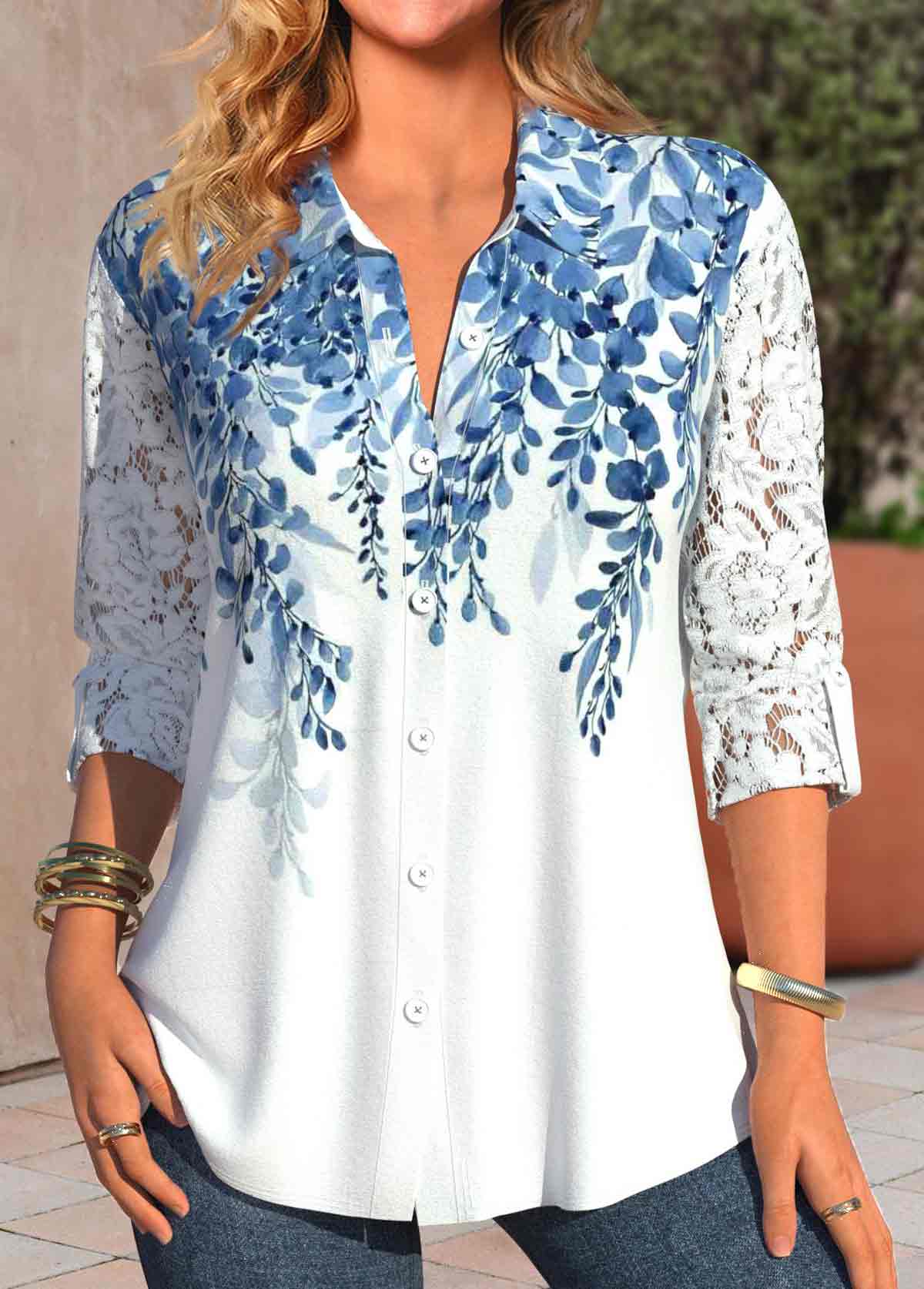 ROTITA Lace Leaf Print White Shirt Collar Long Sleeve Blouse