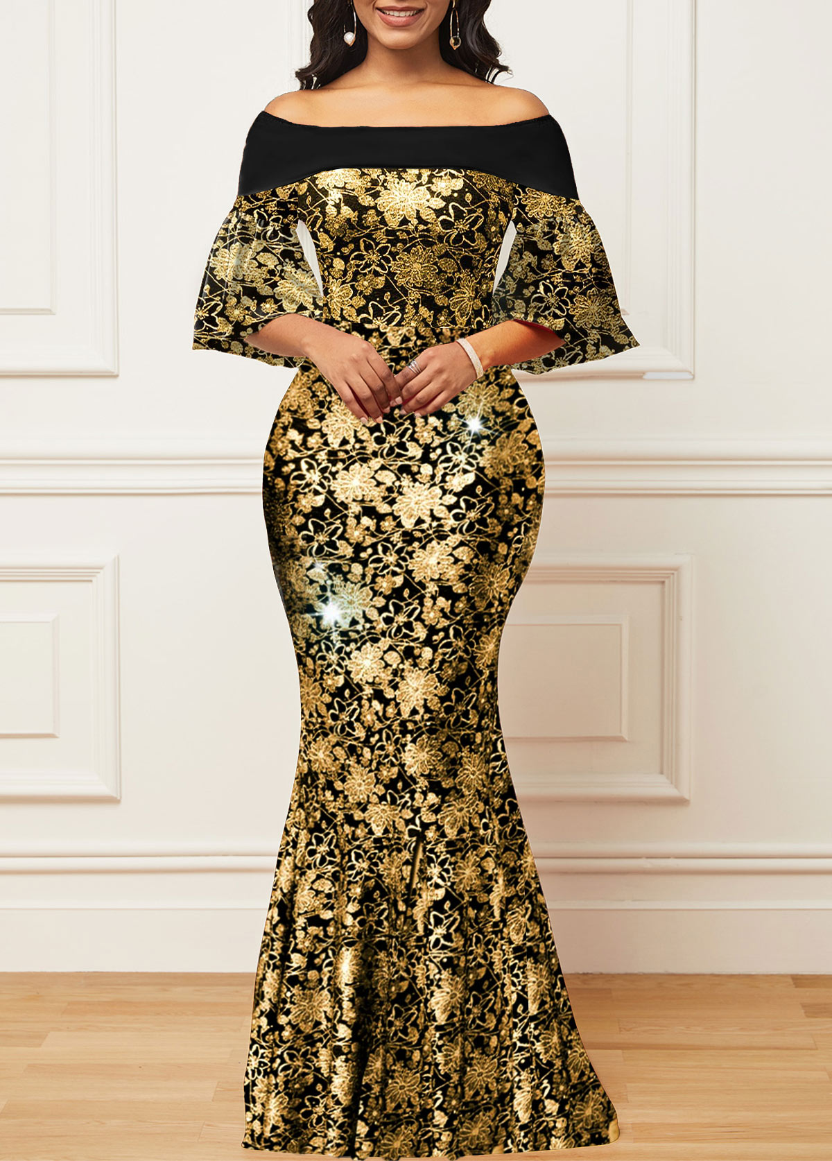 Black dresses,Golden dresses,Floral dresses,Geometric dresses,Party dresses,Elegant dresses,ROTITA Floral Print Black Off Shoulder Mermaid Bodycon Dress