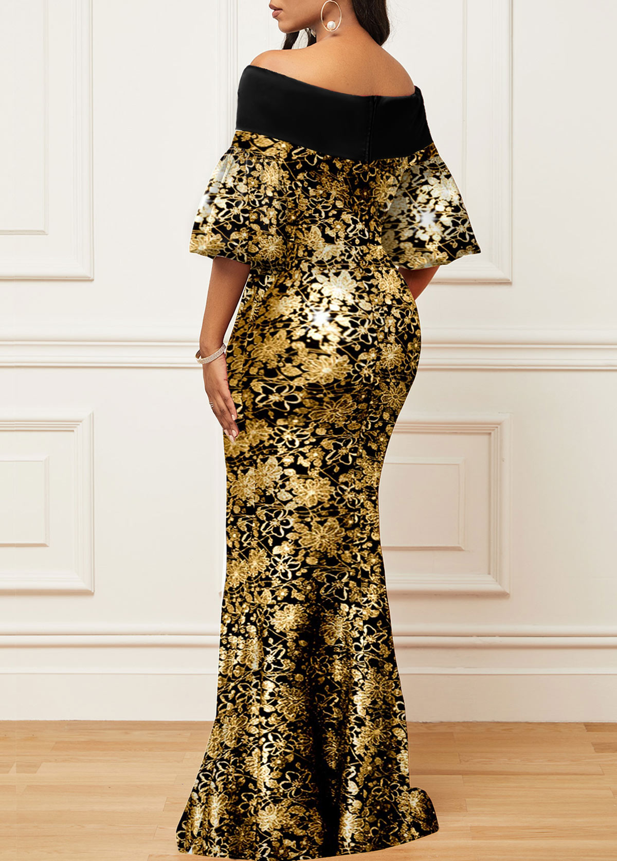 Black dresses,Golden dresses,Floral dresses,Geometric dresses,Party dresses,Elegant dresses,ROTITA Floral Print Black Off Shoulder Mermaid Bodycon Dress