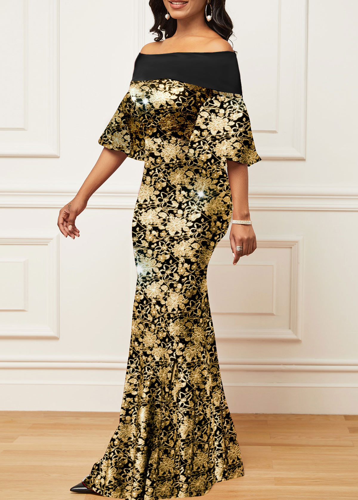 Black dresses,Golden dresses,Floral dresses,Geometric dresses,Party dresses,Elegant dresses,ROTITA Floral Print Black Off Shoulder Mermaid Bodycon Dress