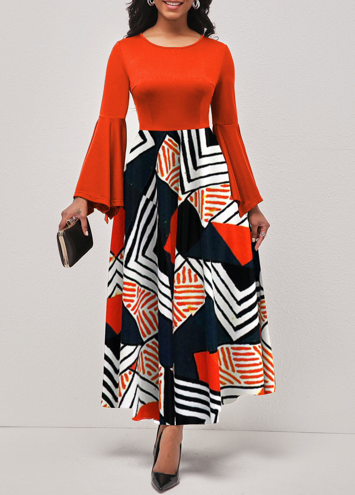 ROTITA Hanky Sleeve Geometric Print Orange Round Neck Dress