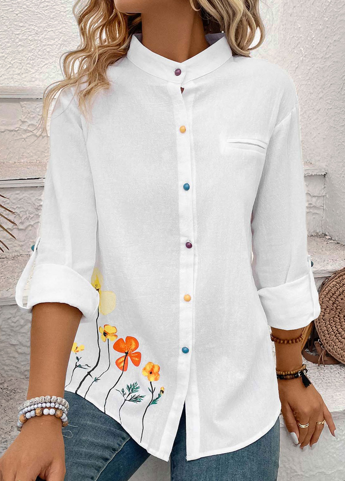 Button Floral Print White Stand Collar Long Sleeve Blouse