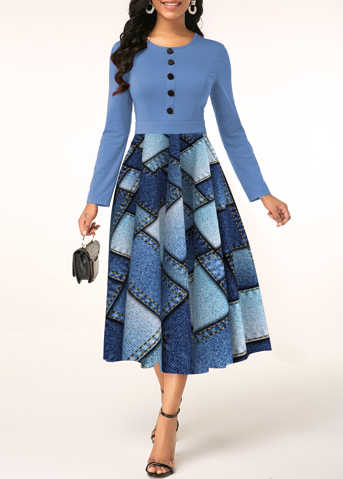 rotita robe col rond bleu cendré imprimé effet denim patchwork
