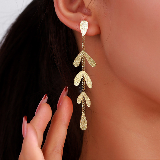 Leaf Design Gold Alloy Long Earrings