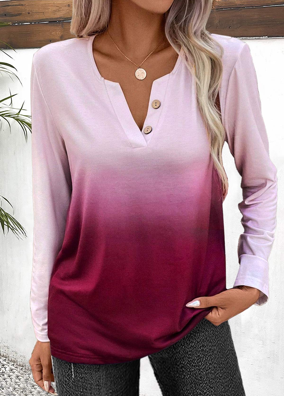 bouton rotita ombre t-shirt à col fendu violet rougeâtre foncé