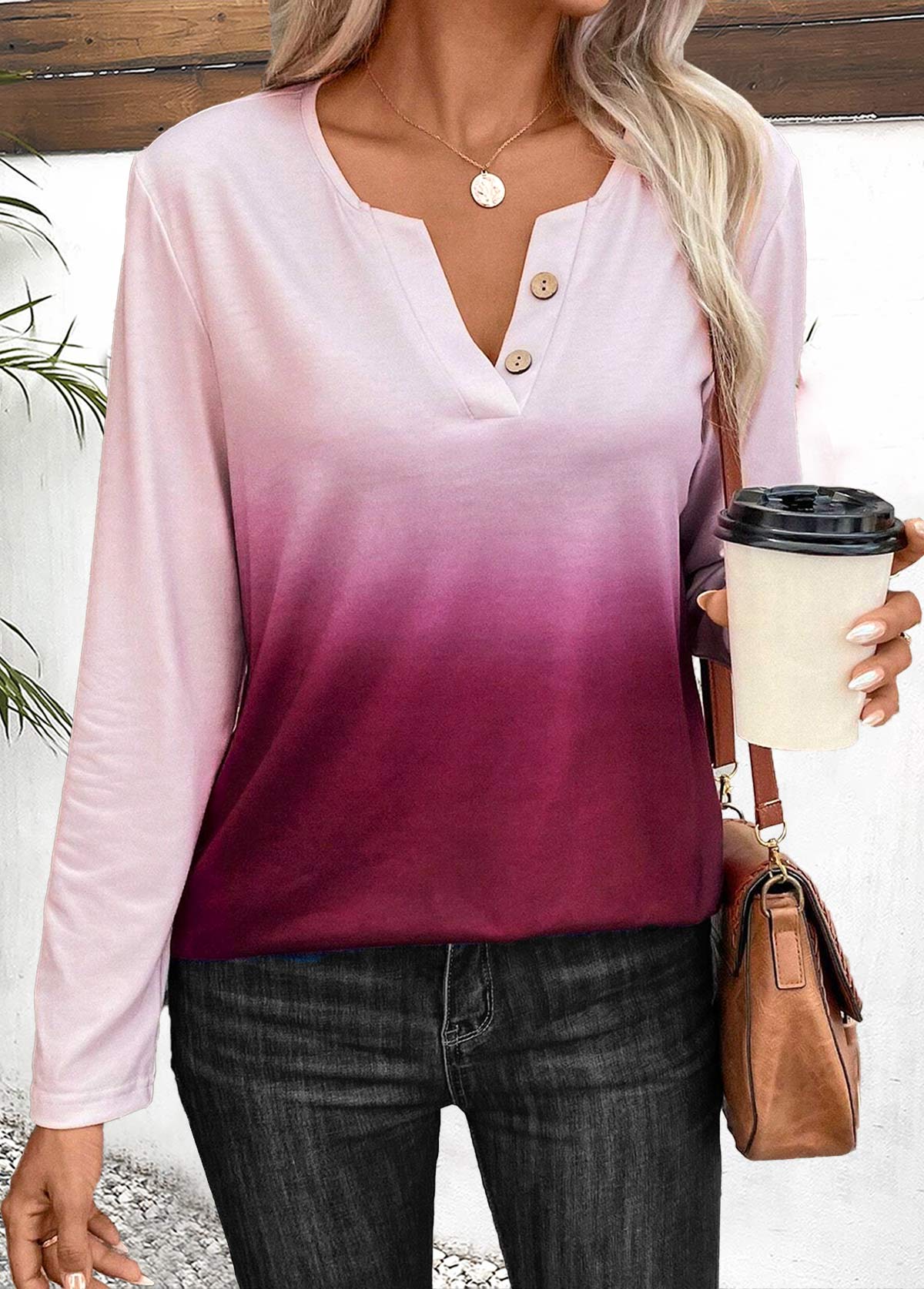 bouton rotita ombre t-shirt à col fendu violet rougeâtre foncé