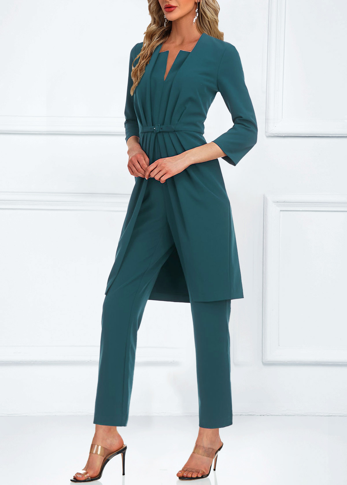 Turquoise jumpsuits&rompers,Plain Color jumpsuits&rompers,ROTITA Split Pocket Design Turquoise Ankle Length Jumpsuit