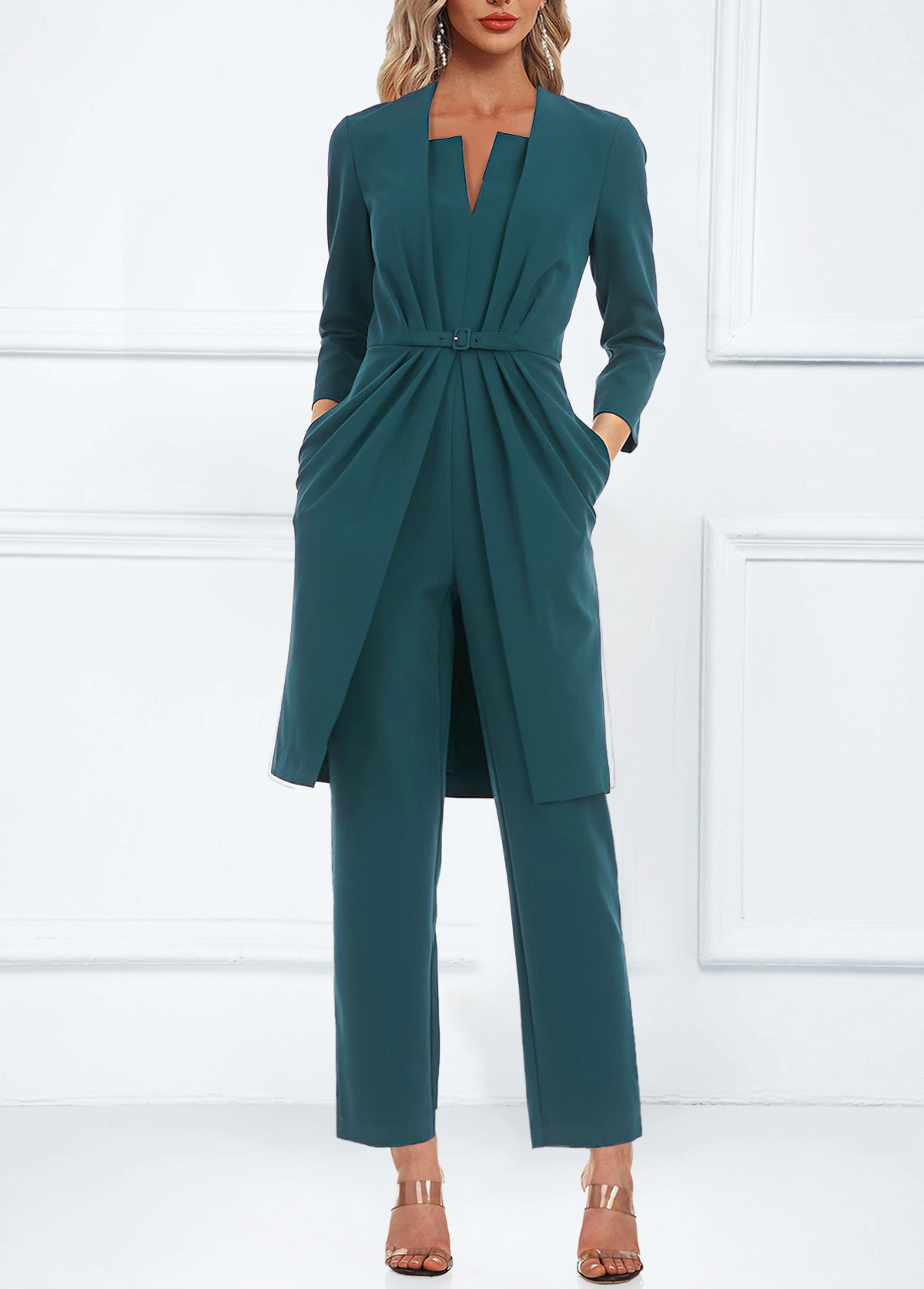 Turquoise jumpsuits&rompers,Plain Color jumpsuits&rompers,ROTITA Split Pocket Design Turquoise Ankle Length Jumpsuit