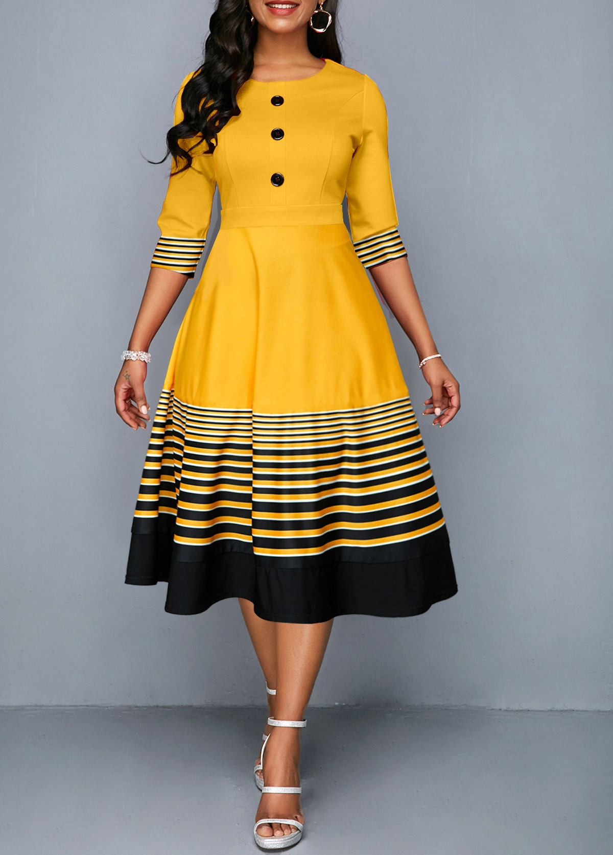 ROTITA Patchwork Striped Yellow Round Neck Half Sleeve Dress