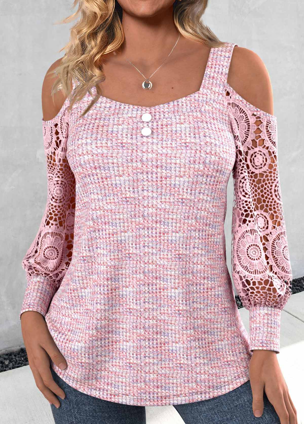 Light Pink tops,Plain Color tops,ROTITA Patchwork Light Pink Square Neck Long Sleeve T Shirt
