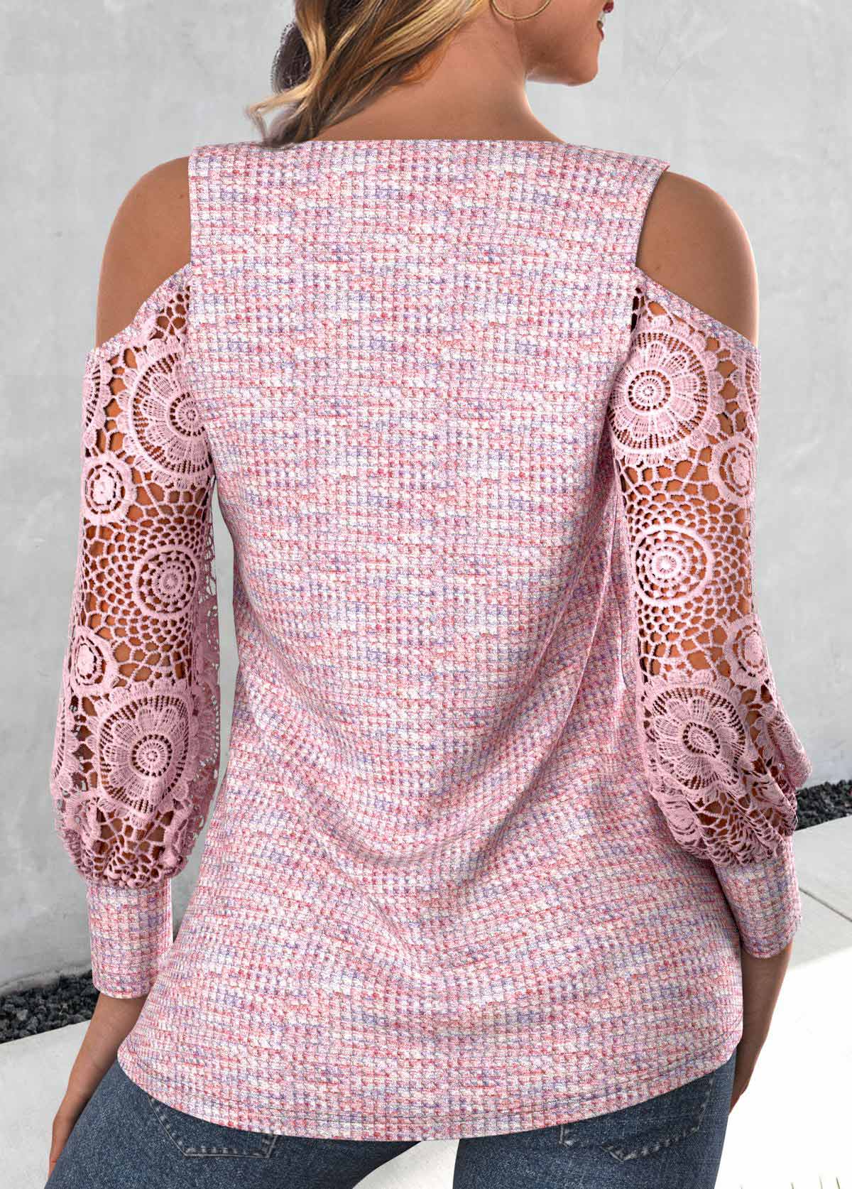 Light Pink tops,Plain Color tops,ROTITA Patchwork Light Pink Square Neck Long Sleeve T Shirt
