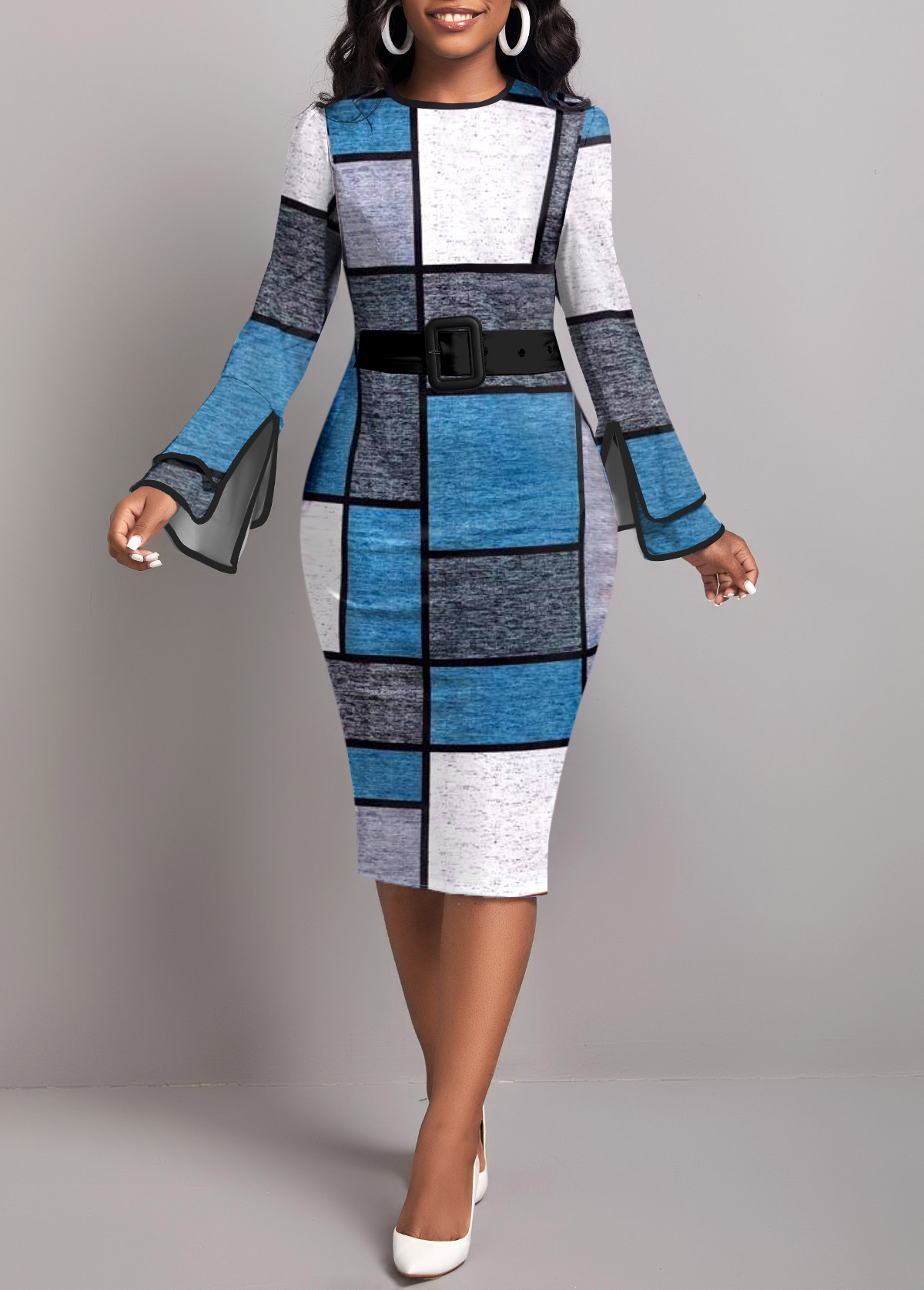 Blue dresses,Geometric dresses,Striped dresses,Plaid dresses,Wear to Work dresses,Work dresses,ROTITA Layered Geometric Print Blue Round Neck Dress