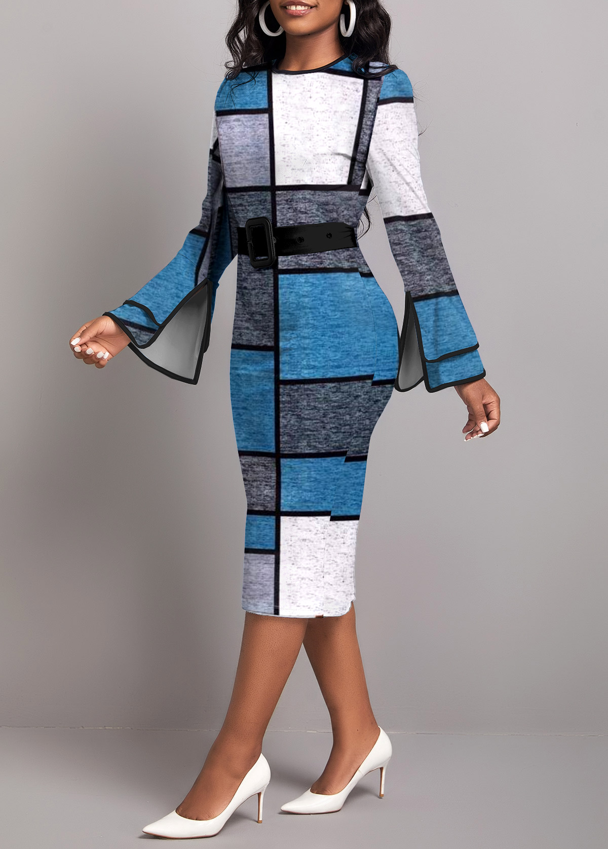 Blue dresses,Geometric dresses,Striped dresses,Plaid dresses,Wear to Work dresses,Work dresses,ROTITA Layered Geometric Print Blue Round Neck Dress
