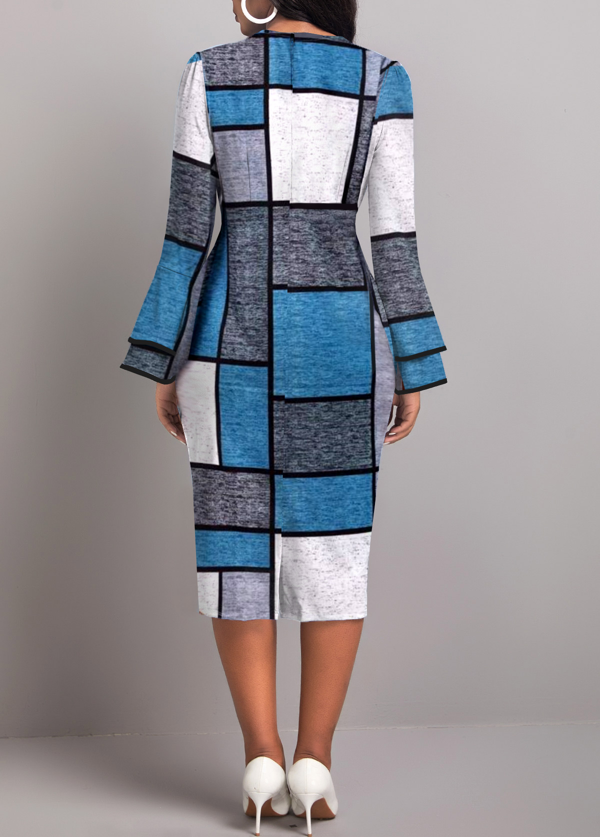 Blue dresses,Geometric dresses,Striped dresses,Plaid dresses,Wear to Work dresses,Work dresses,ROTITA Layered Geometric Print Blue Round Neck Dress