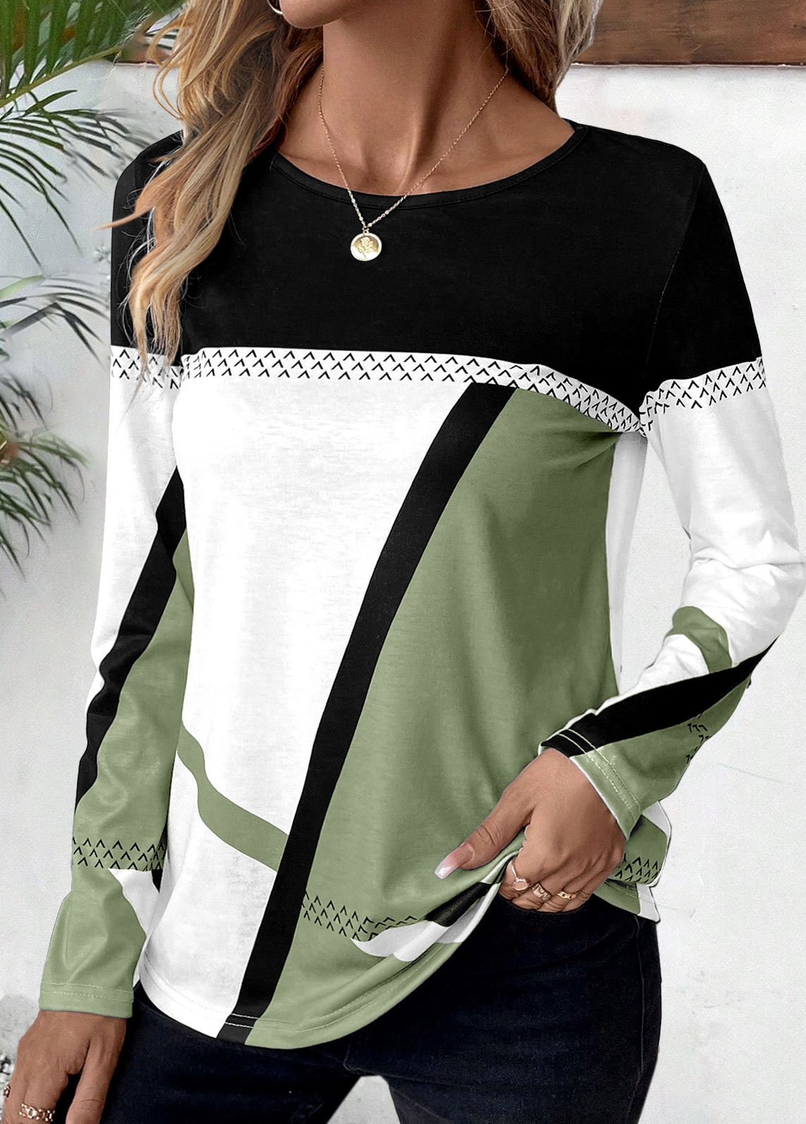 ROTITA Plus Size Patchwork Avocado Green Geometric Print T Shirt