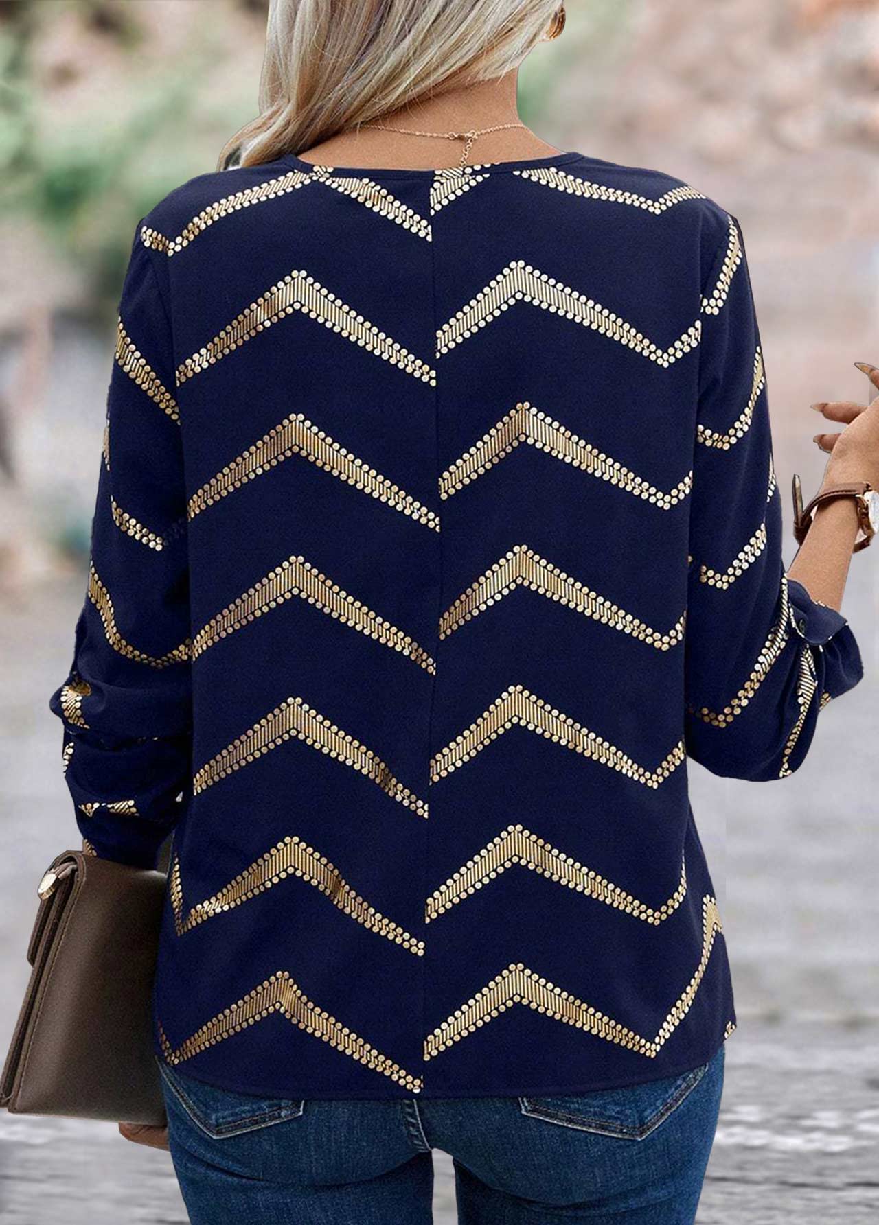 Navy tops,Geometric tops,Striped tops,Dot tops,ROTITA Hot Stamping Geometric Print Navy V Neck Blouse