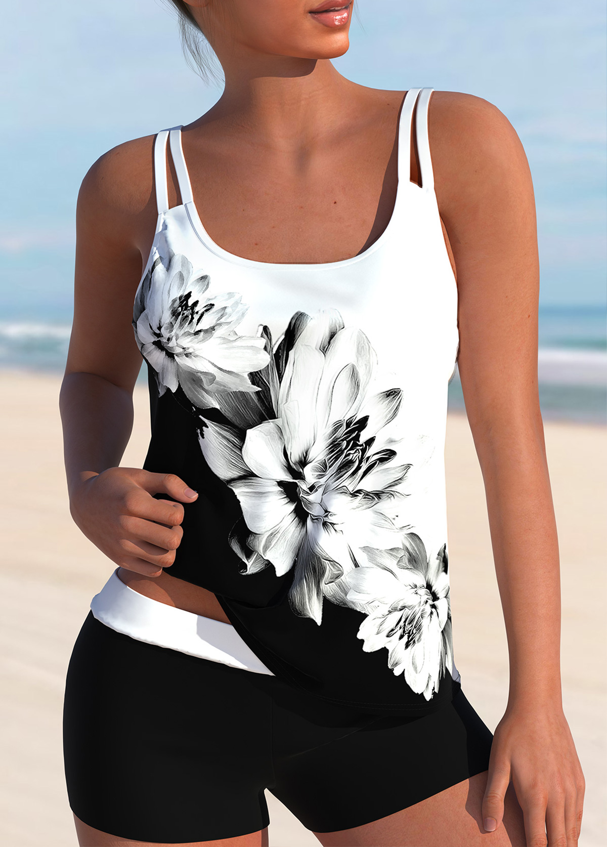 White swimwear,Black swimwear,Floral swimwear,Plants swimwear,ROTITA White Floral Print High Waisted Tankini Set