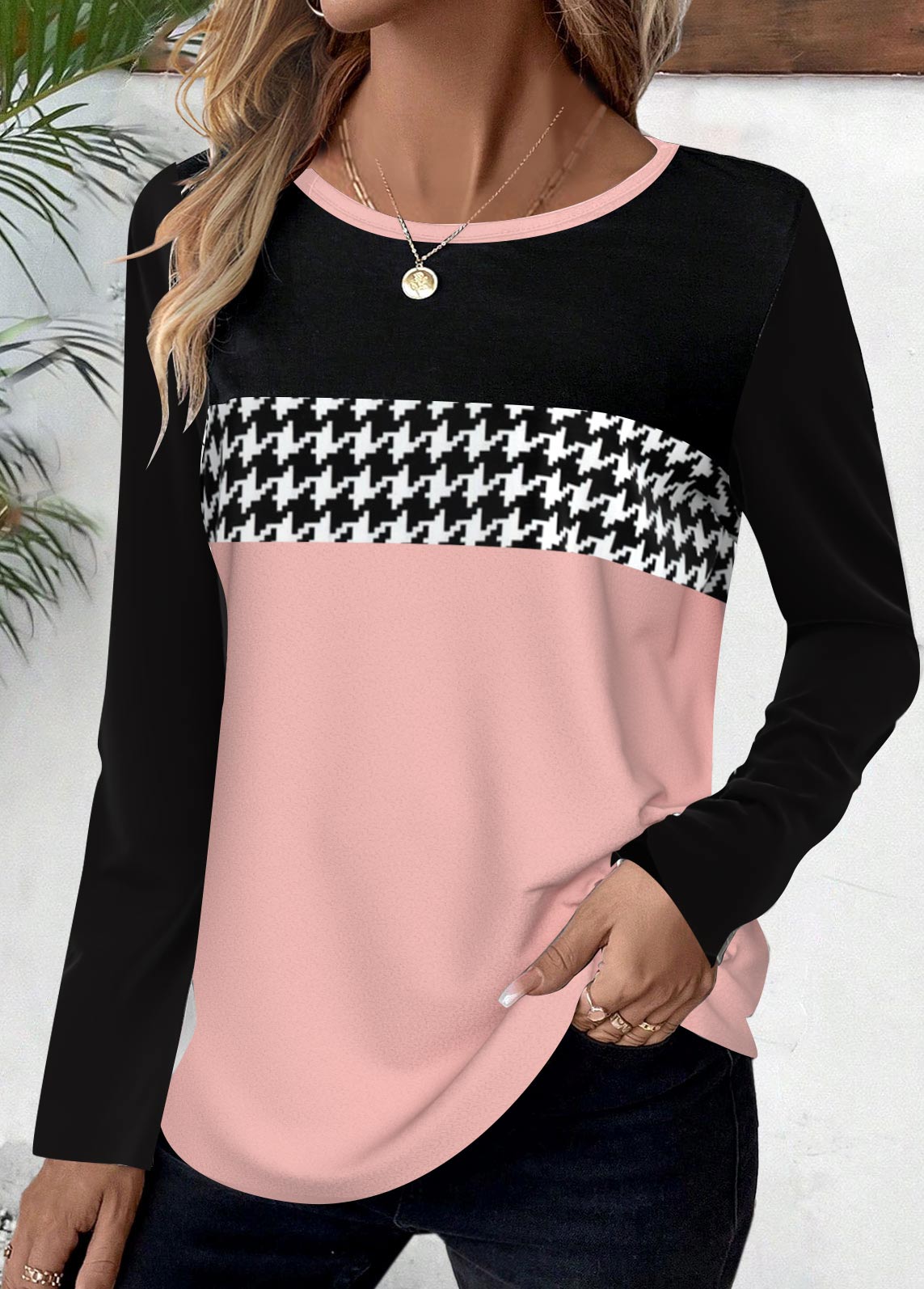 ROTITA Geometric Print Pink Round Neck Long Sleeve T Shirt