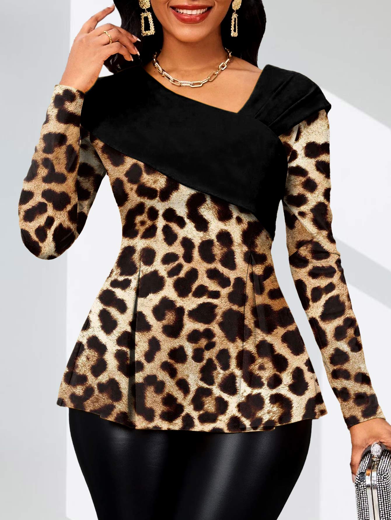 Dark Coffee tops,Black tops,Leopard tops,ROTITA Asymmetry Leopard Dark Coffee Asymmetrical Neck Long Sleeve Blouse
