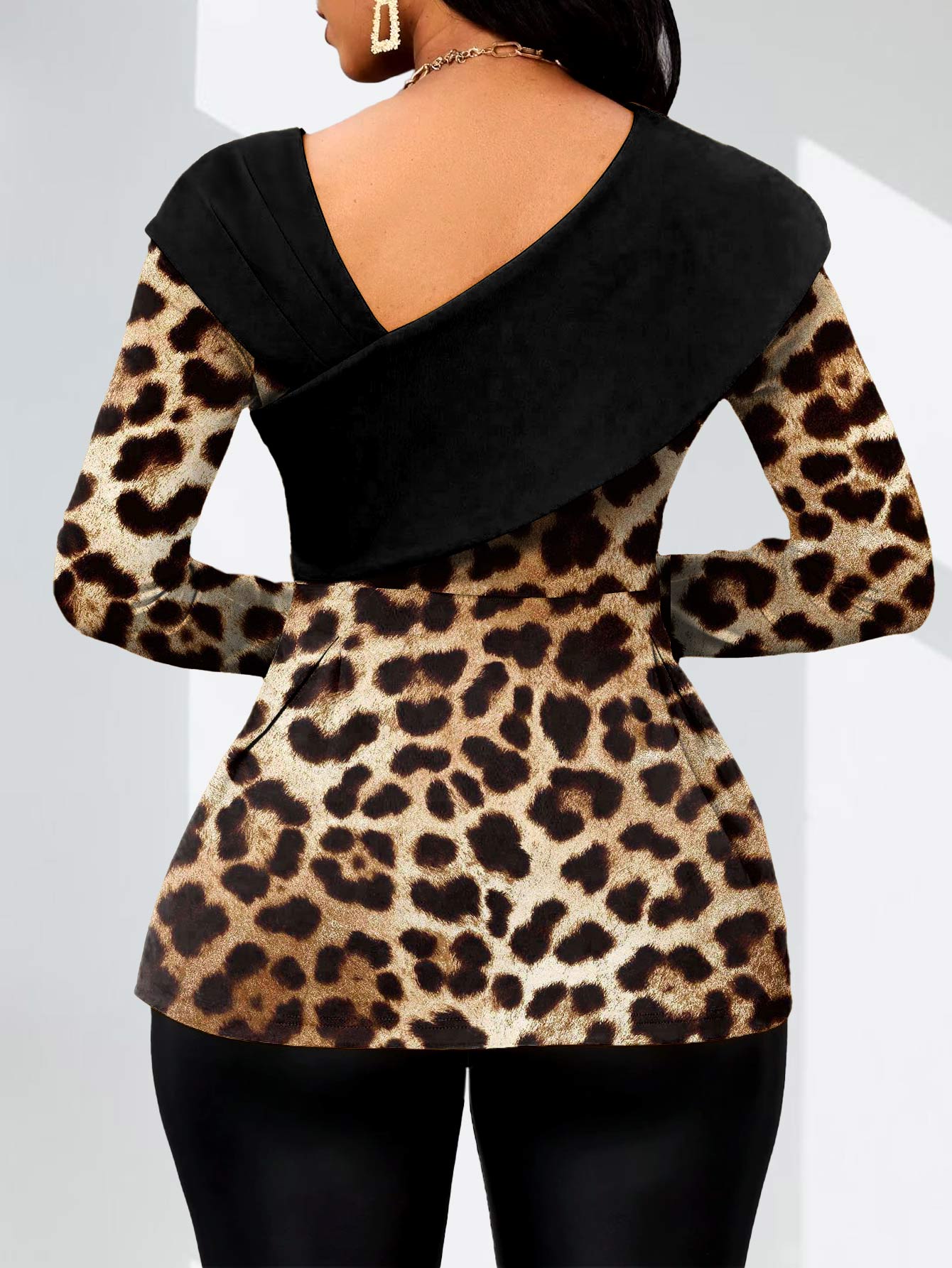Dark Coffee tops,Black tops,Leopard tops,ROTITA Asymmetry Leopard Dark Coffee Asymmetrical Neck Long Sleeve Blouse