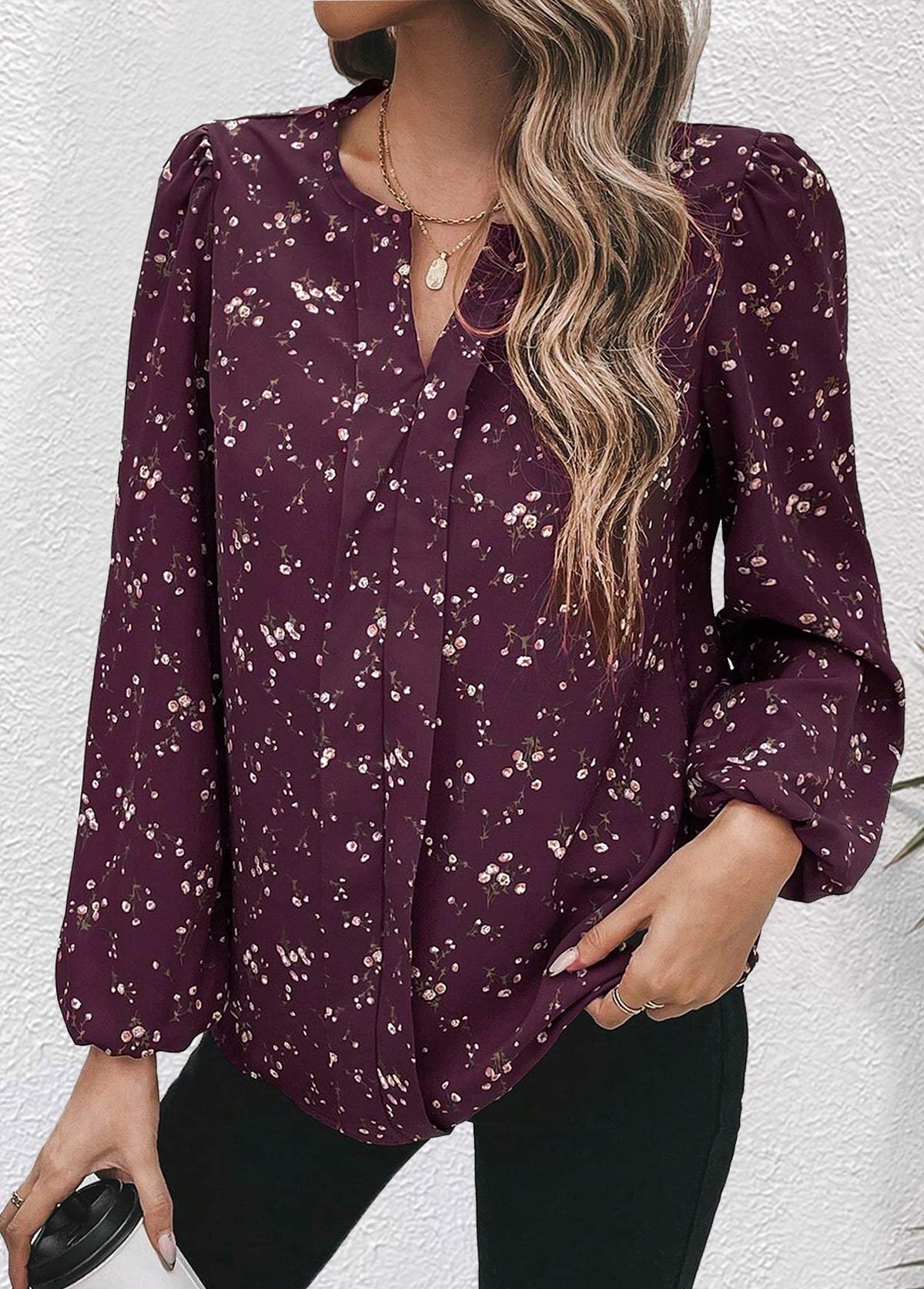Dark Reddish Purple tops,Floral tops,Plants tops,Ditsy Floral tops,ROTITA Split Floral Print Dark Reddish Purple Long Sleeve Blouse