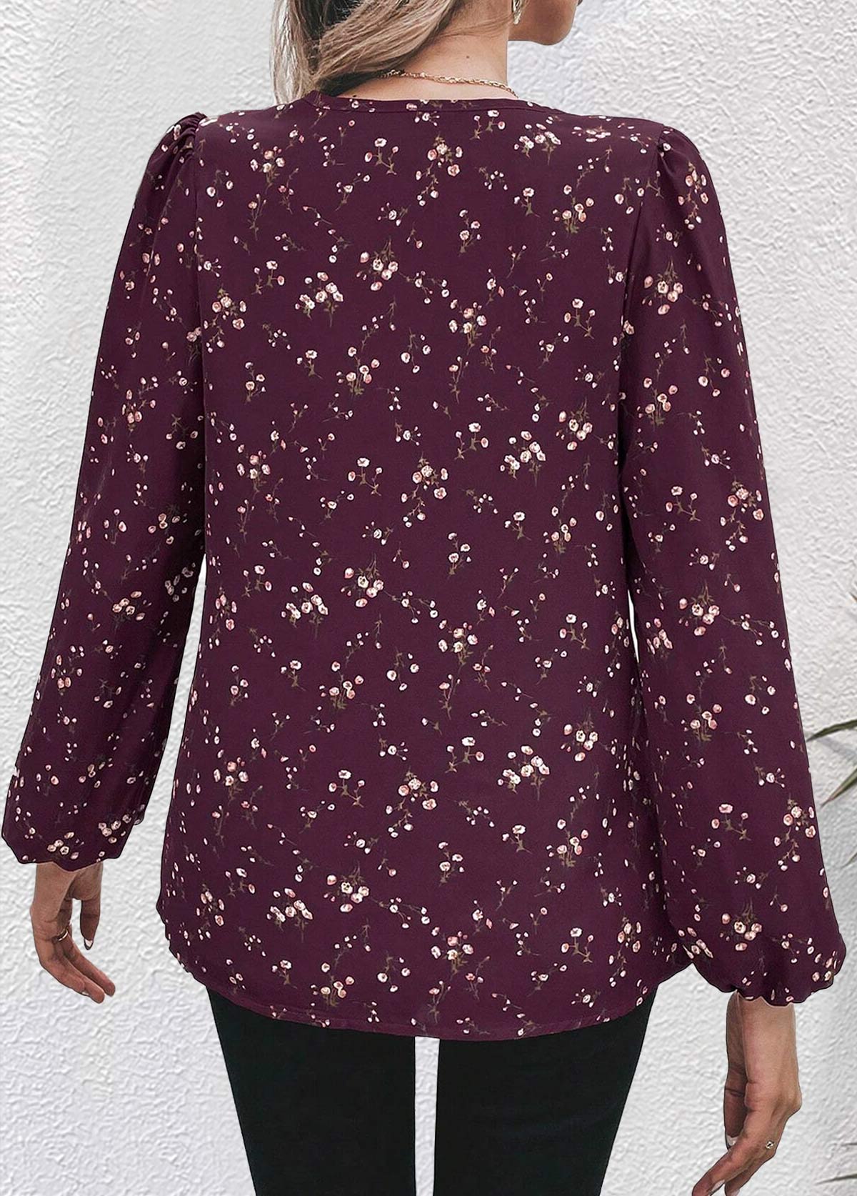 Dark Reddish Purple tops,Floral tops,Plants tops,Ditsy Floral tops,ROTITA Split Floral Print Dark Reddish Purple Long Sleeve Blouse