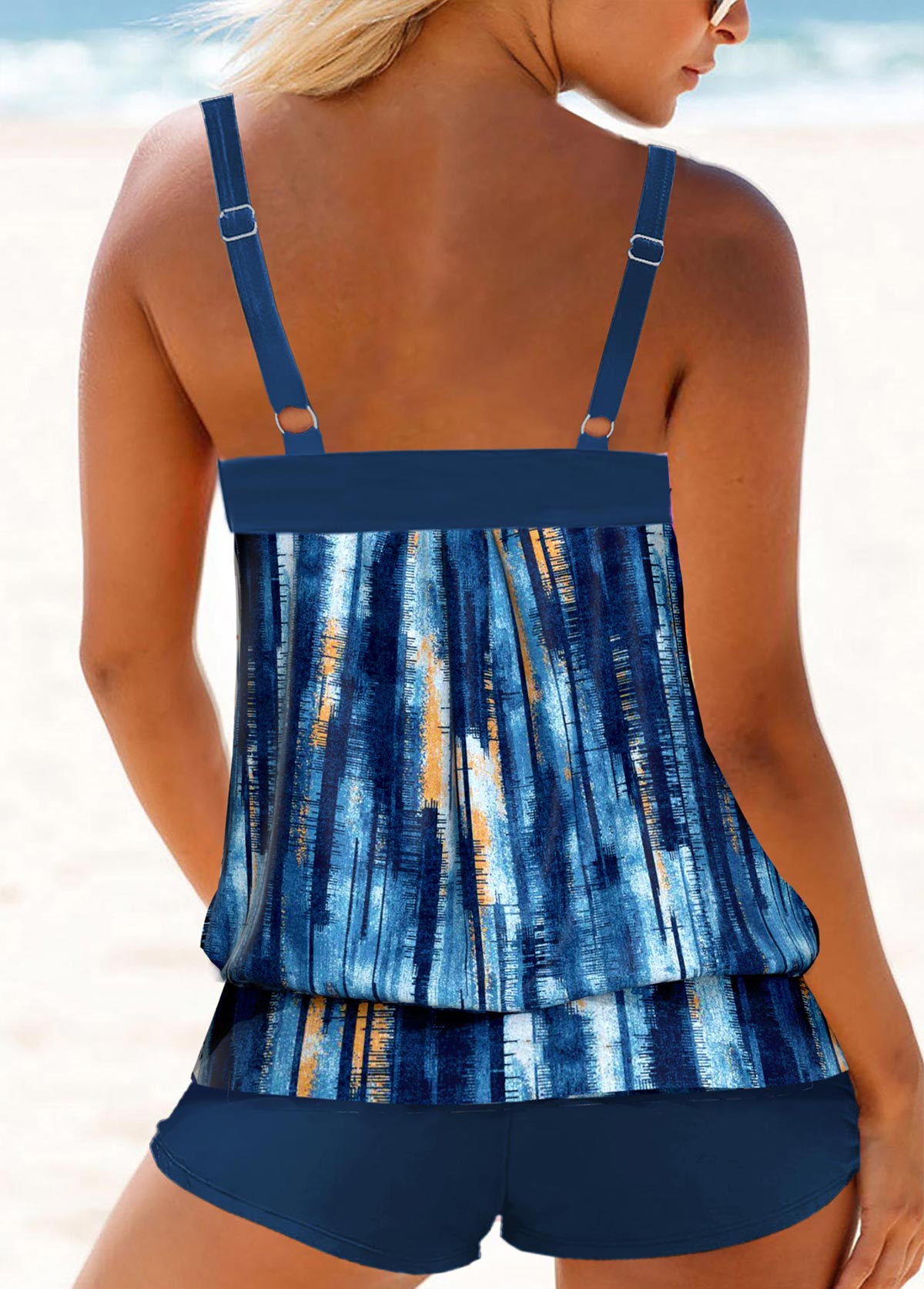 Navy swimwear,Blue swimwear,Ombre swimwear,Striped swimwear,Geometric swimwear,ROTITA Patchwork Navy Ombre Mid Waisted Tankini Set