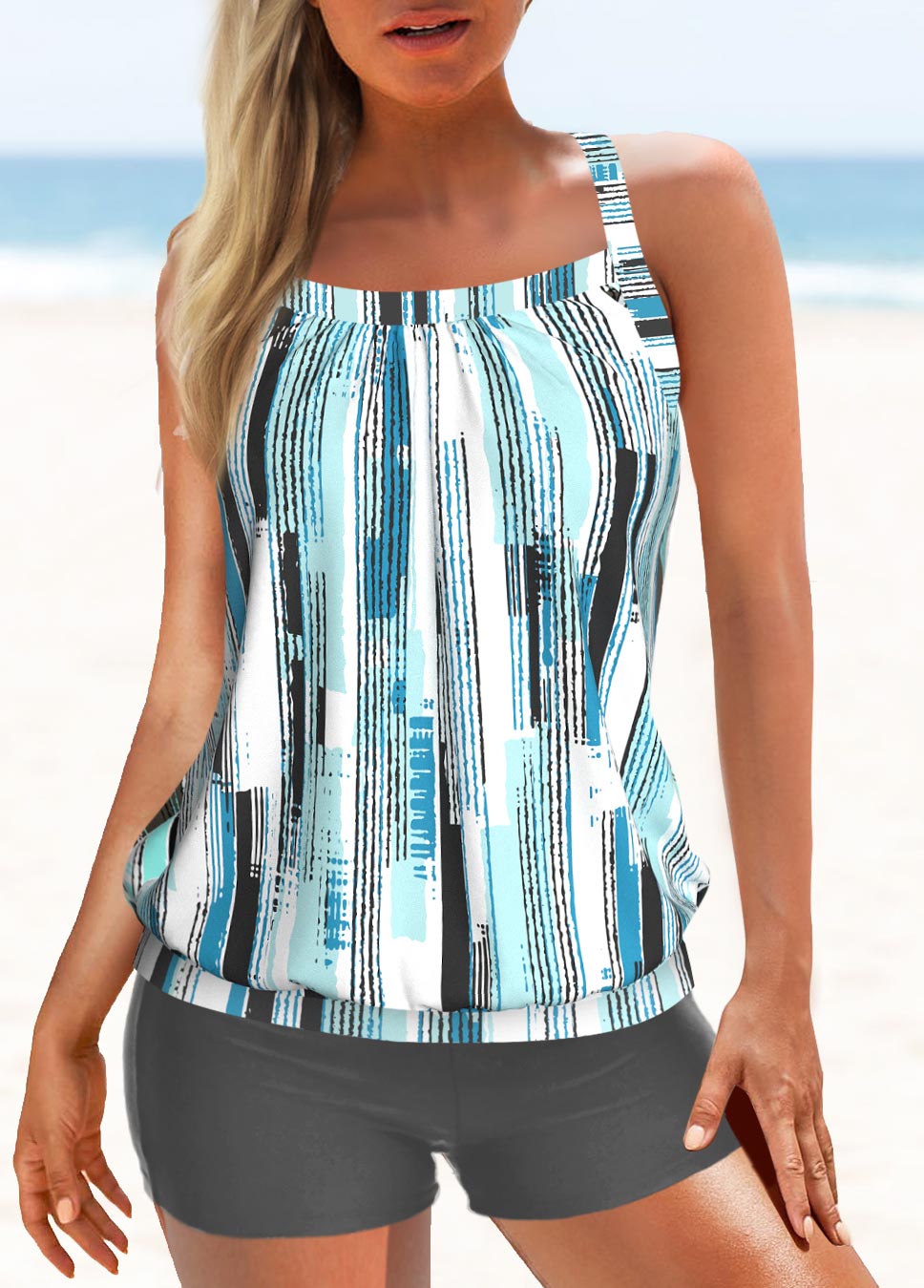 Grey swimwear,Blue swimwear,Geometric swimwear,Striped swimwear,ROTITA Patchwork Grey Geometric Print Mid Waisted Tankini Set