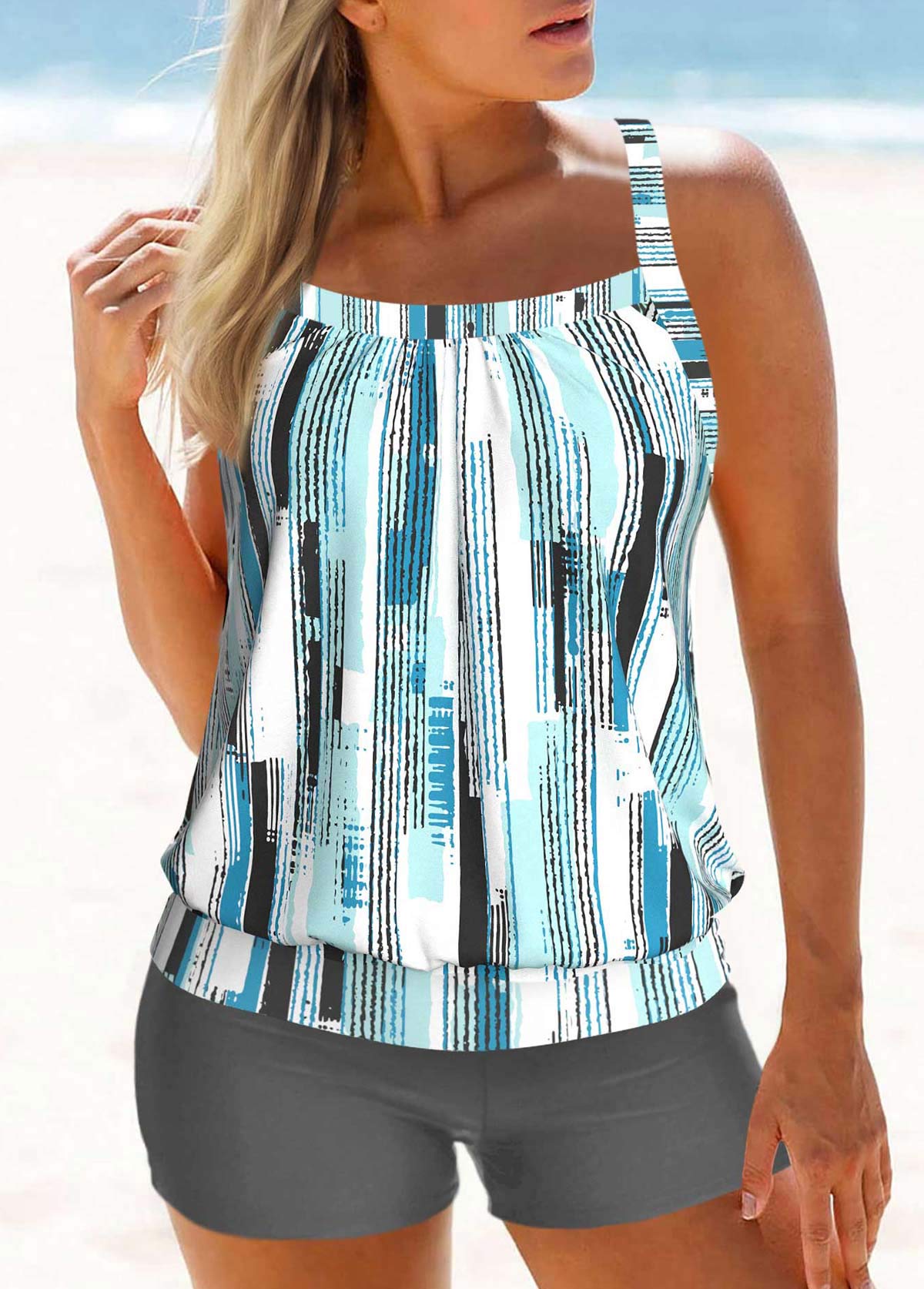 Grey swimwear,Blue swimwear,Geometric swimwear,Striped swimwear,ROTITA Patchwork Grey Geometric Print Mid Waisted Tankini Set