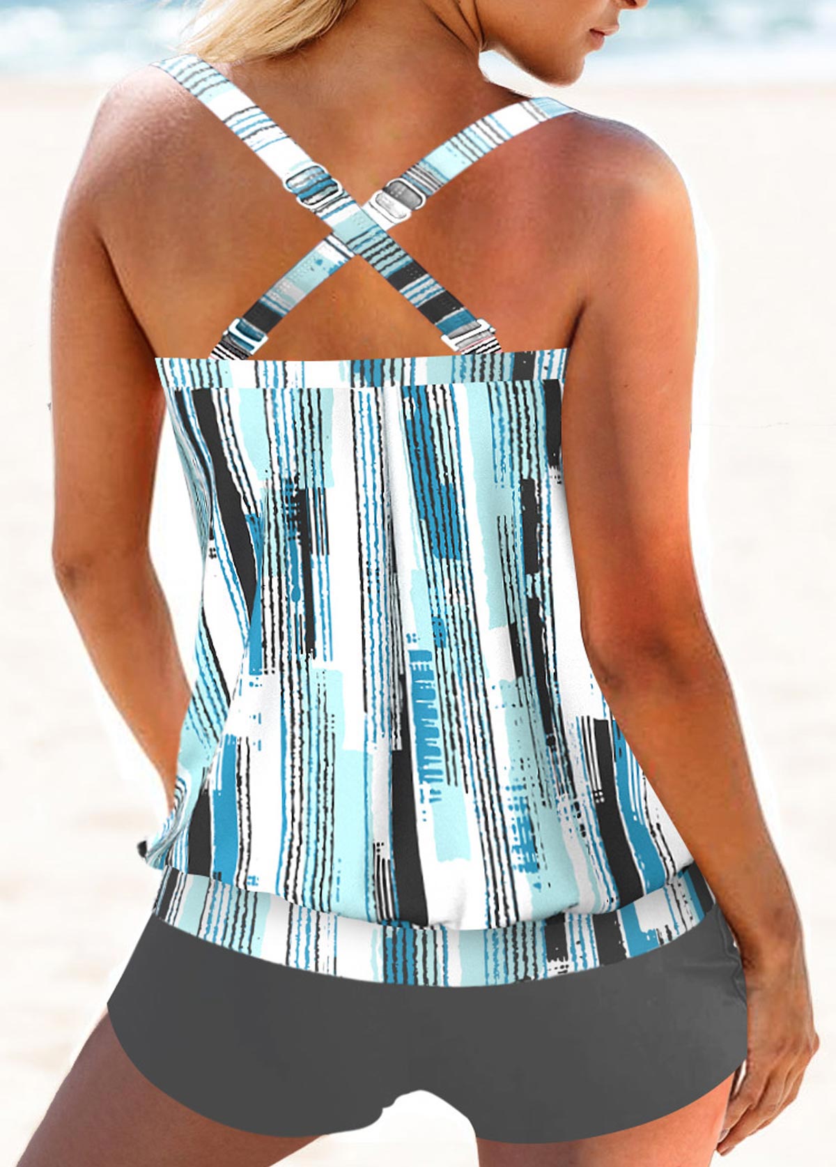Grey swimwear,Blue swimwear,Geometric swimwear,Striped swimwear,ROTITA Patchwork Grey Geometric Print Mid Waisted Tankini Set