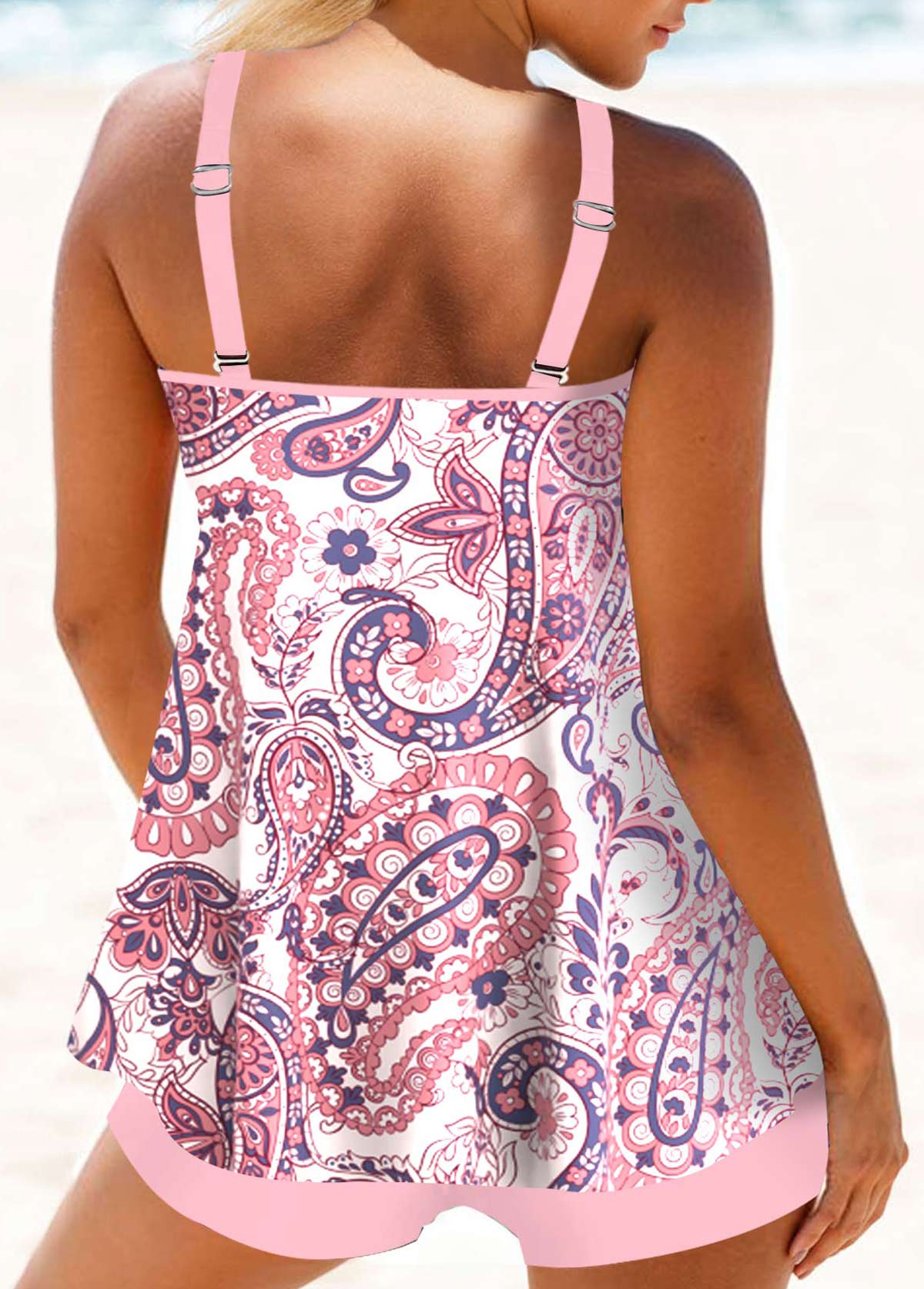 Light Pink swimwear,Paisley swimwear,Floral swimwear,Plants swimwear,ROTITA Lightweight Light Pink Paisley Print Mid Waisted Tankini Set